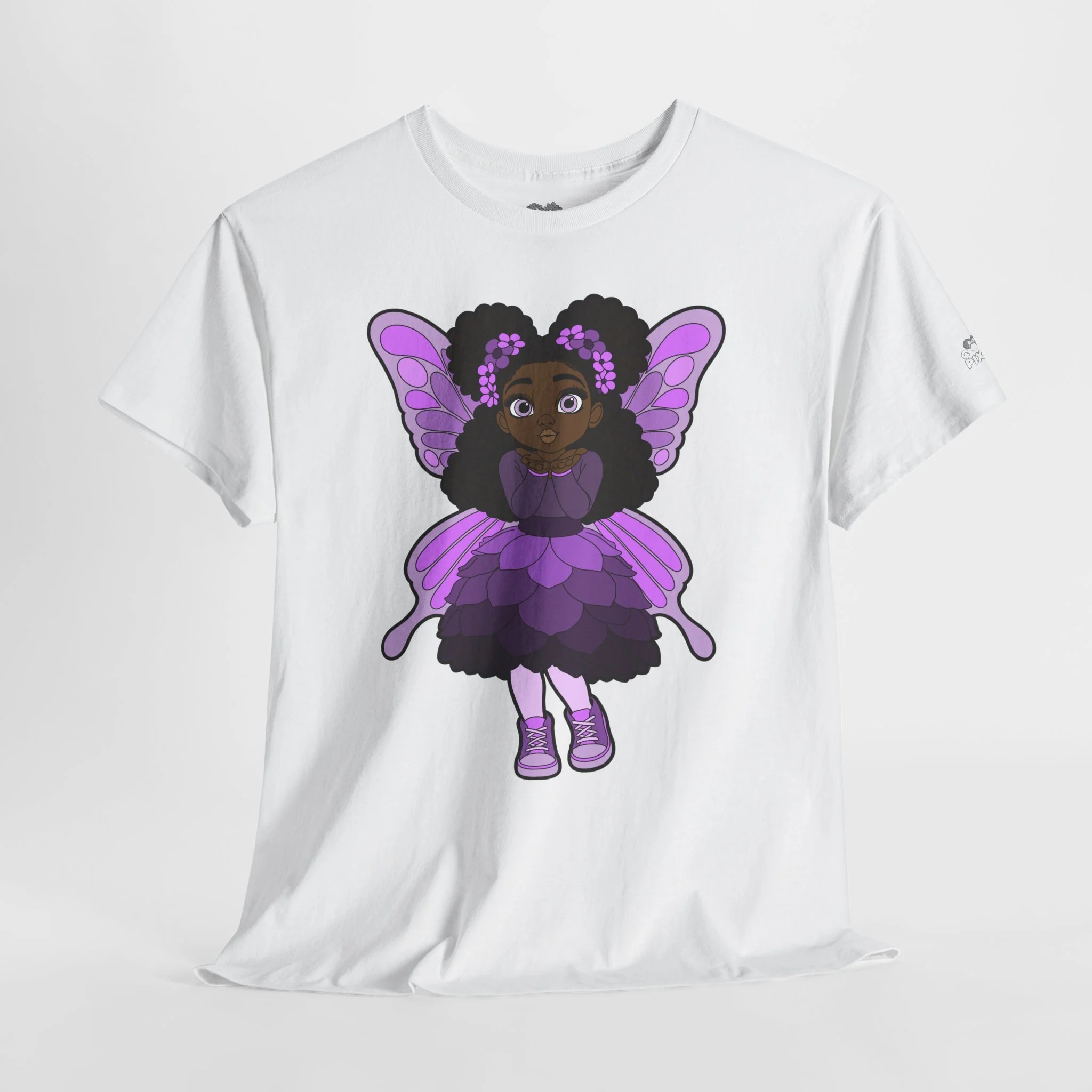 Amber Amazingpuff Adult Graphic T-Shirt by COCO PIXIES featuring a whimsical Black pixie with afro puffs, purple wings, and layered purple dress.