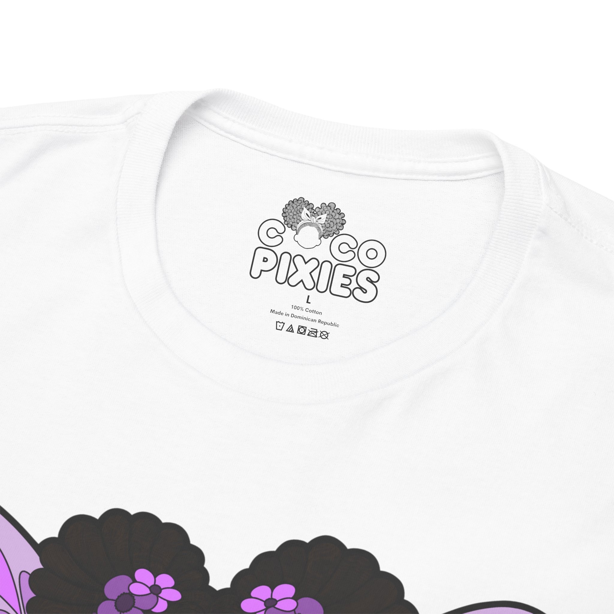 Amber Amazingpuff Adult Graphic T-Shirt by COCO PIXIES featuring a whimsical Black pixie with afro puffs, purple wings, and layered purple dress.