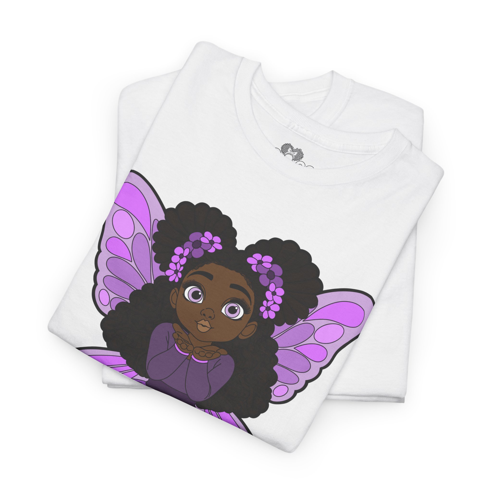 Amber Amazingpuff Adult Graphic T-Shirt by COCO PIXIES featuring a whimsical Black pixie with afro puffs, purple wings, and layered purple dress.