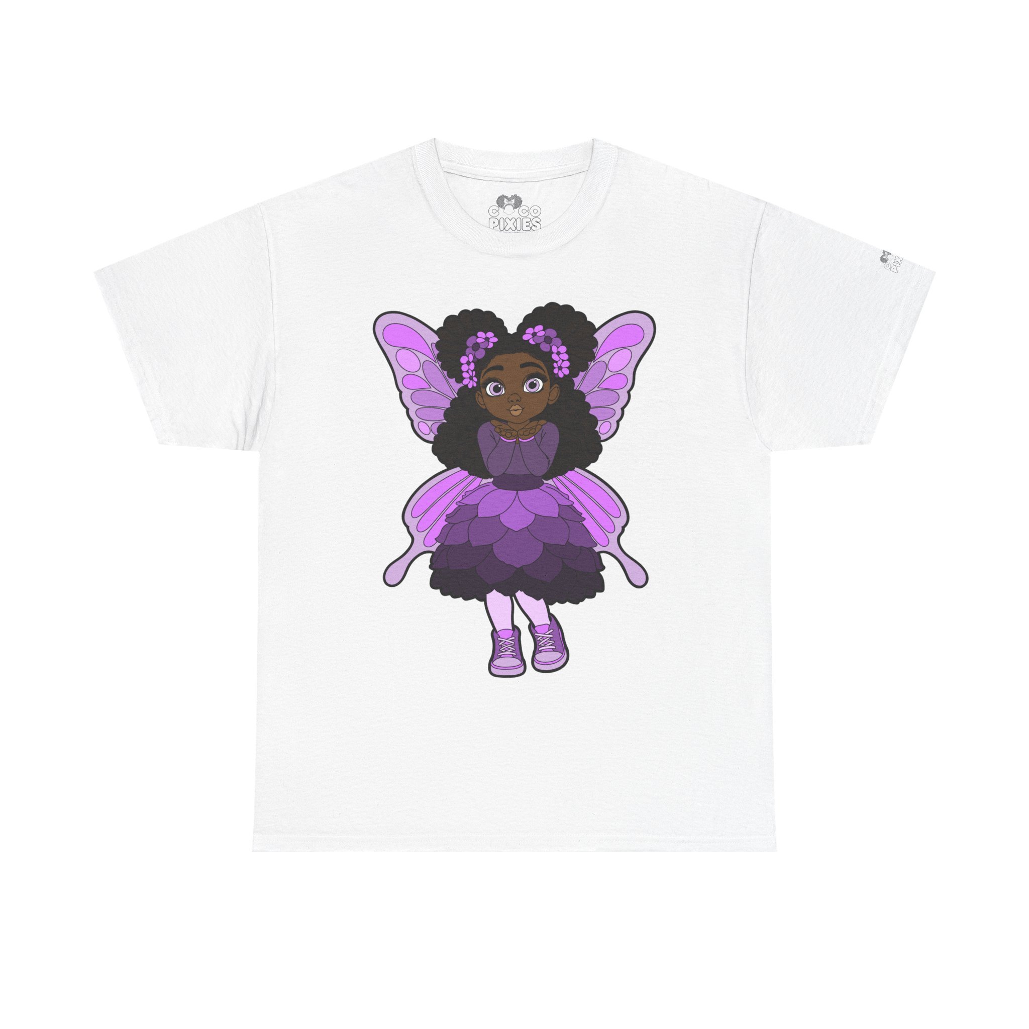 Amber Amazingpuff Adult Graphic T-Shirt by COCO PIXIES featuring a whimsical Black pixie with afro puffs, purple wings, and layered purple dress.