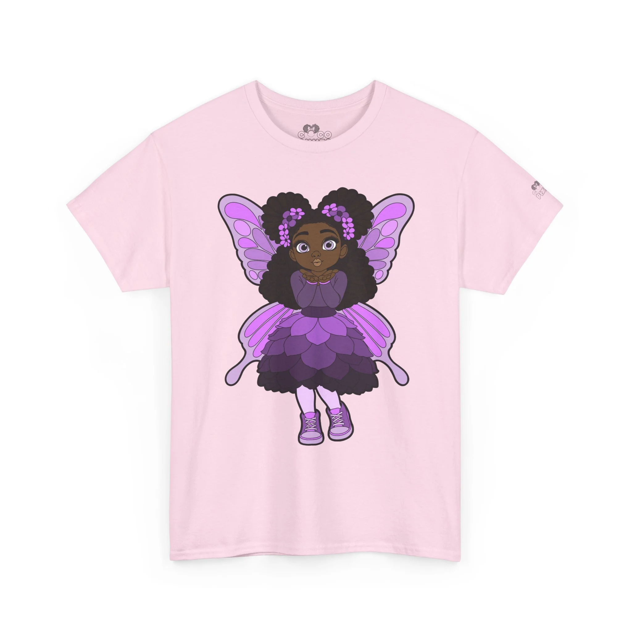 Amber Amazingpuff Adult Graphic T-Shirt by COCO PIXIES featuring a whimsical Black pixie with afro puffs, purple wings, and layered purple dress.