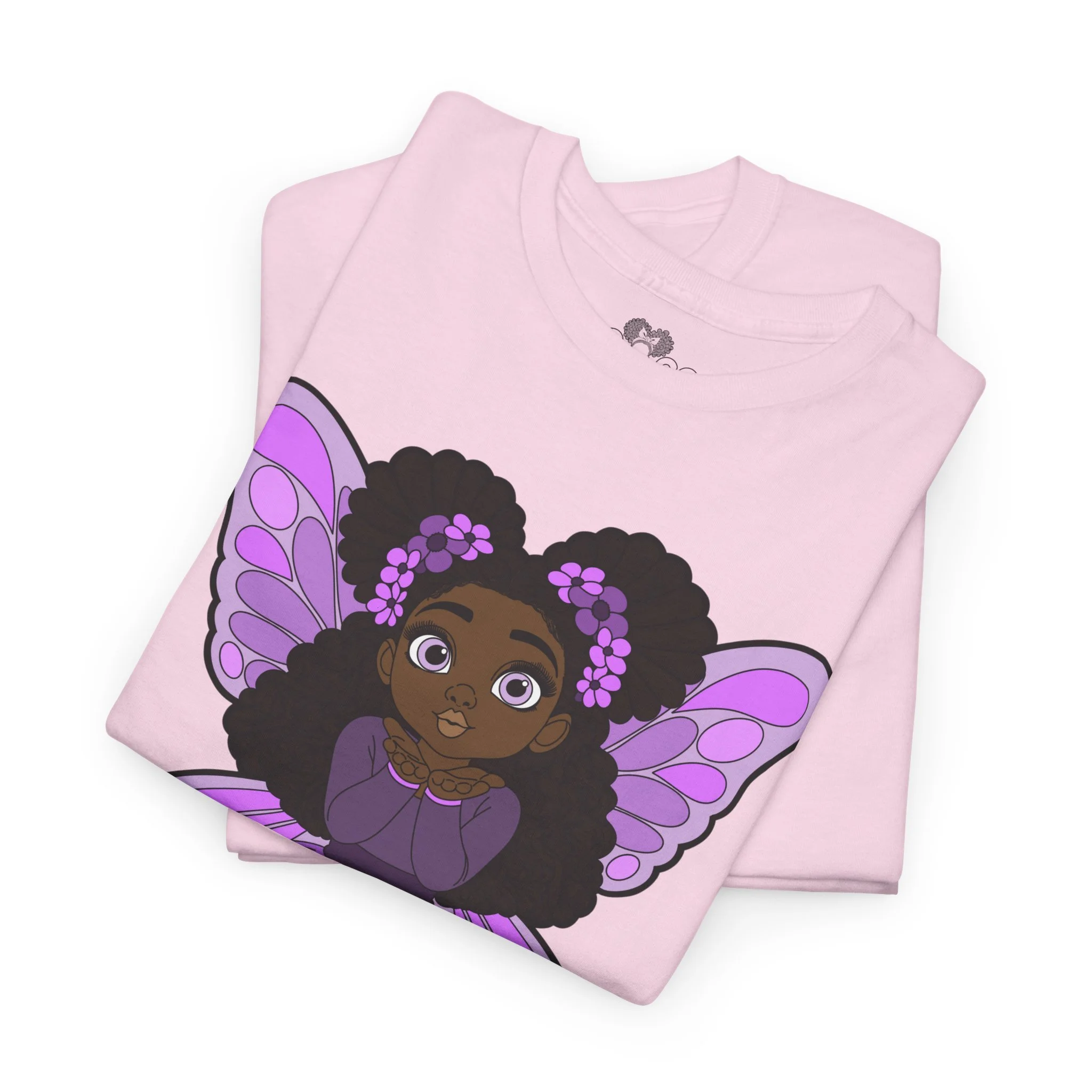 Amber Amazingpuff Adult Graphic T-Shirt by COCO PIXIES featuring a whimsical Black pixie with afro puffs, purple wings, and layered purple dress.