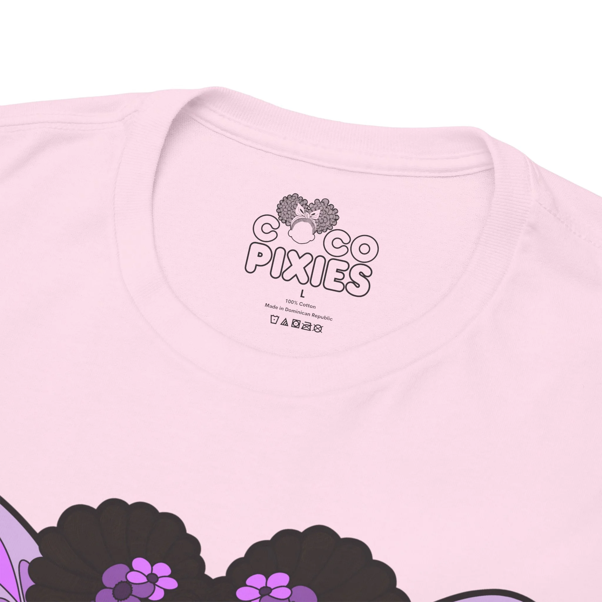 Amber Amazingpuff Adult Graphic T-Shirt by COCO PIXIES featuring a whimsical Black pixie with afro puffs, purple wings, and layered purple dress.