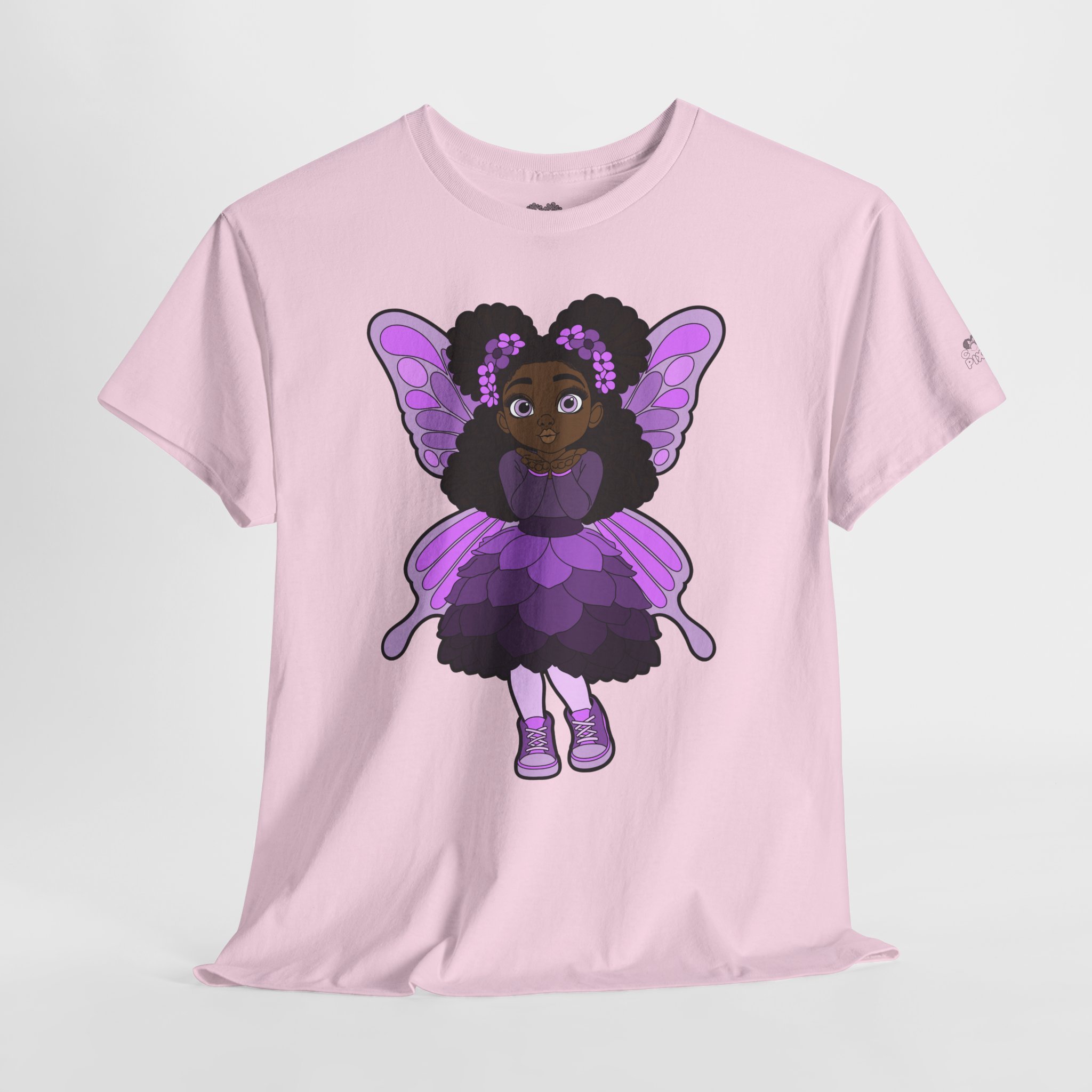 Amber Amazingpuff Adult Graphic T-Shirt by COCO PIXIES featuring a whimsical Black pixie with afro puffs, purple wings, and layered purple dress.