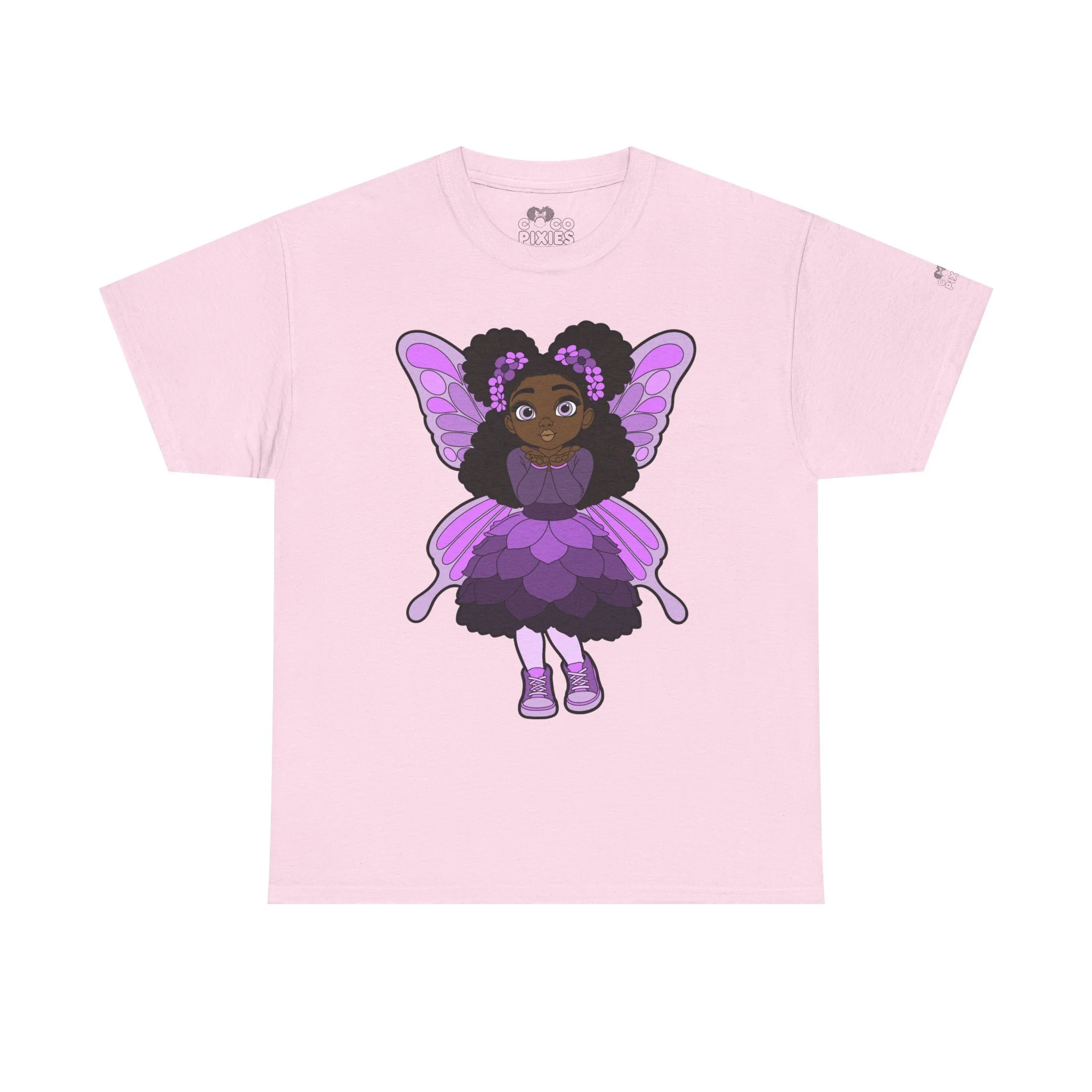 Amber Amazingpuff Adult Graphic T-Shirt by COCO PIXIES featuring a whimsical Black pixie with afro puffs, purple wings, and layered purple dress.