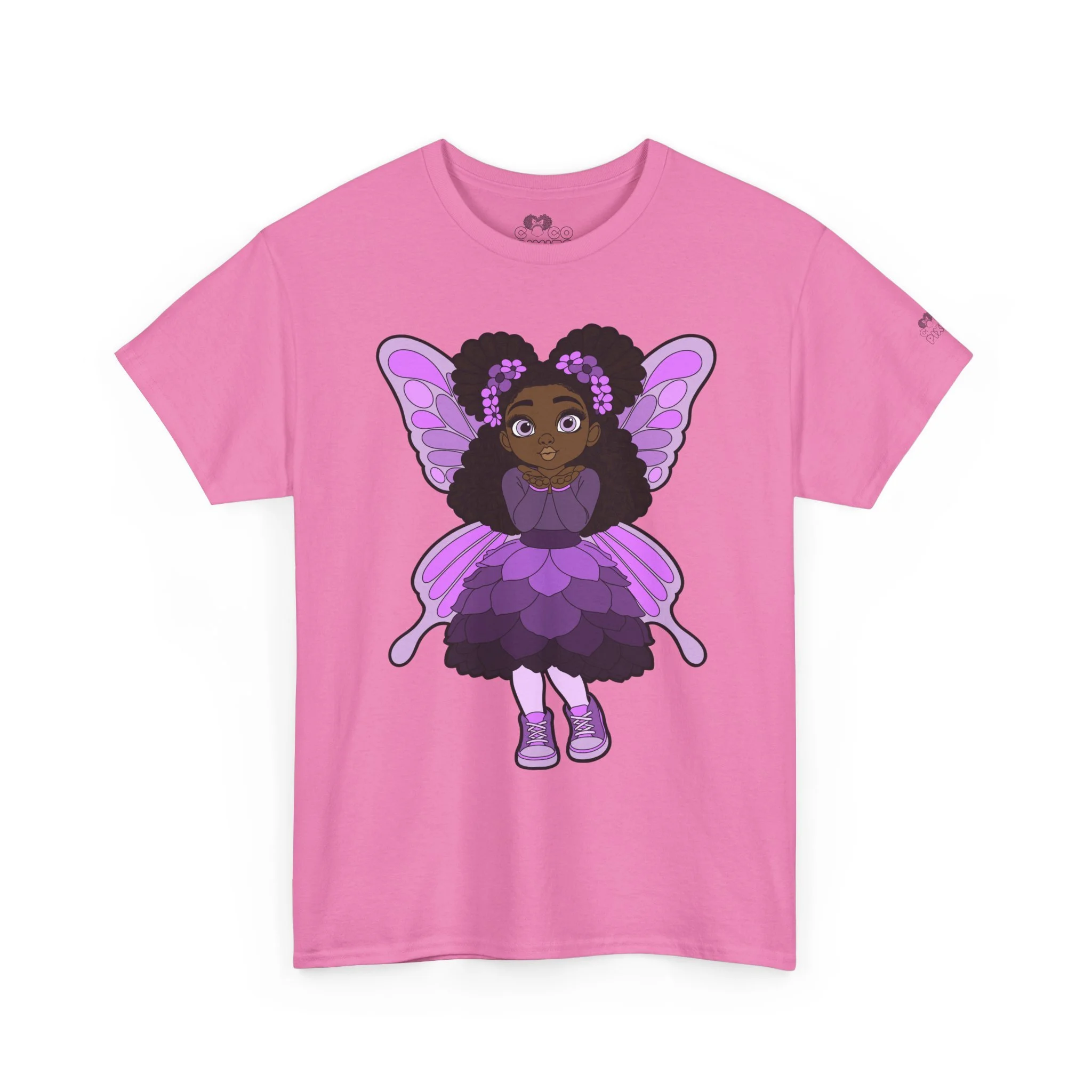 Amber Amazingpuff Adult Graphic T-Shirt by COCO PIXIES featuring a whimsical Black pixie with afro puffs, purple wings, and layered purple dress.