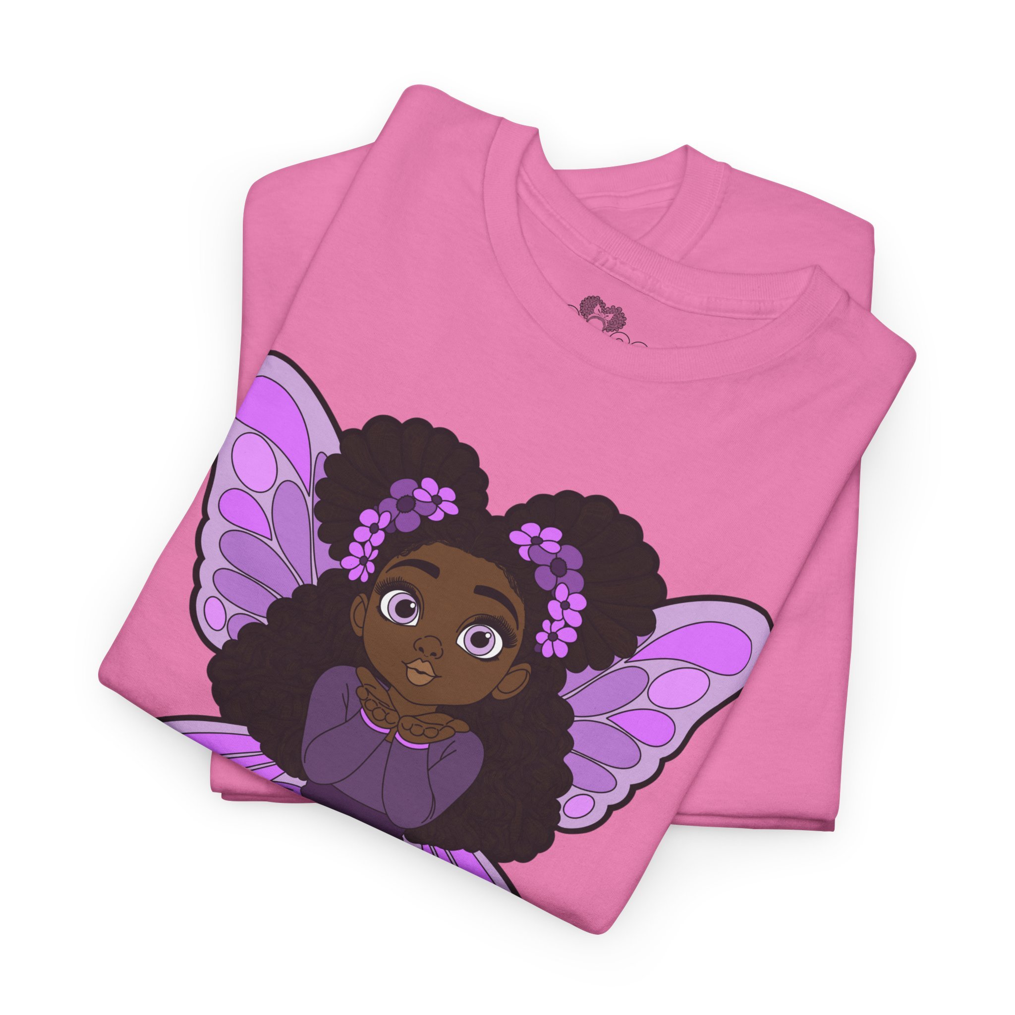 Amber Amazingpuff Adult Graphic T-Shirt by COCO PIXIES featuring a whimsical Black pixie with afro puffs, purple wings, and layered purple dress.