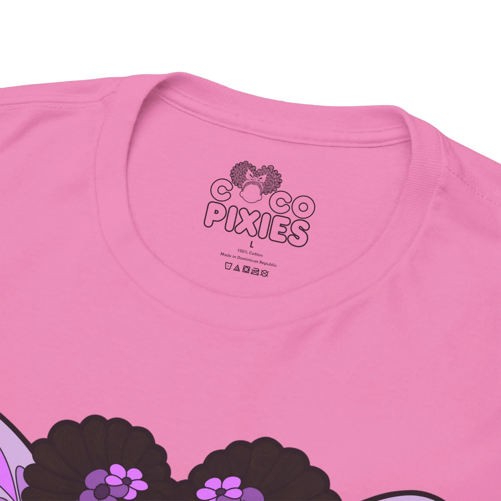 Amber Amazingpuff Adult Graphic T-Shirt by COCO PIXIES featuring a whimsical Black pixie with afro puffs, purple wings, and layered purple dress.