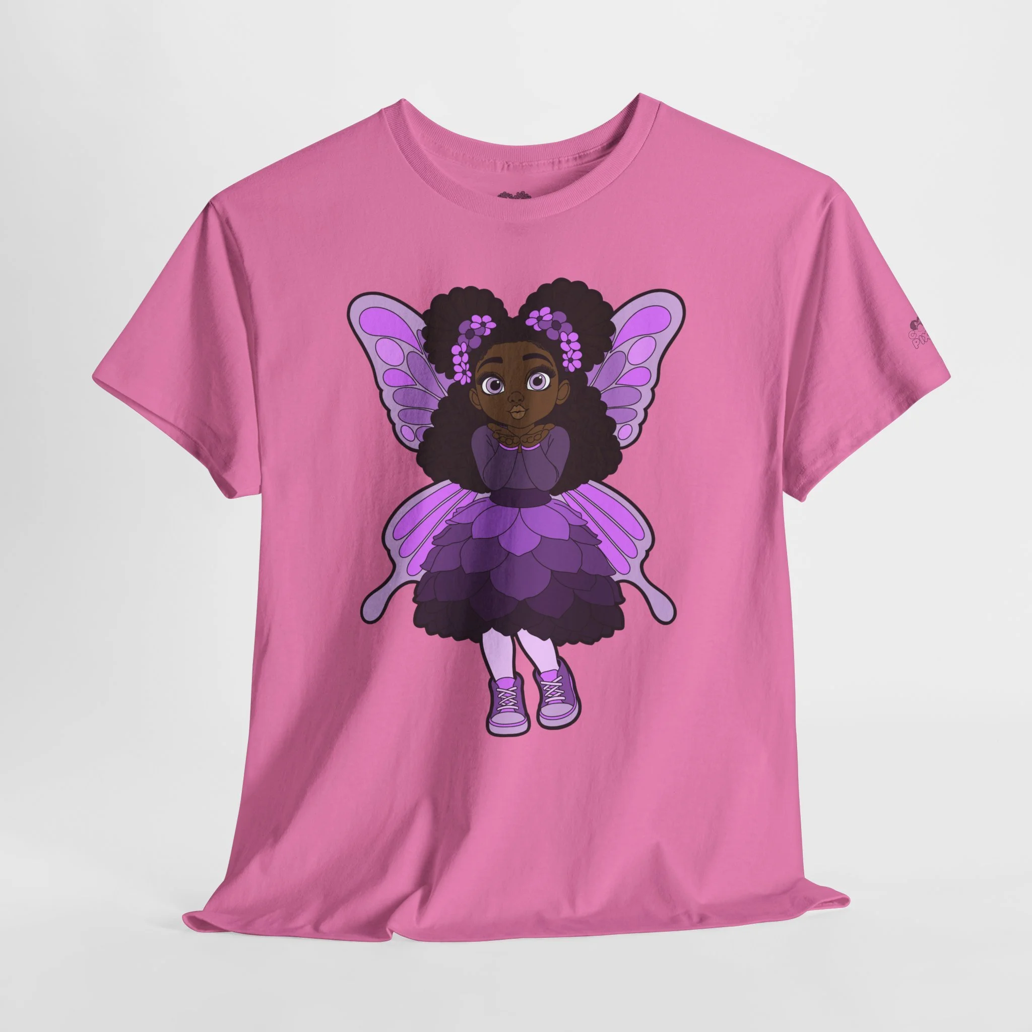 Amber Amazingpuff Adult Graphic T-Shirt by COCO PIXIES featuring a whimsical Black pixie with afro puffs, purple wings, and layered purple dress.