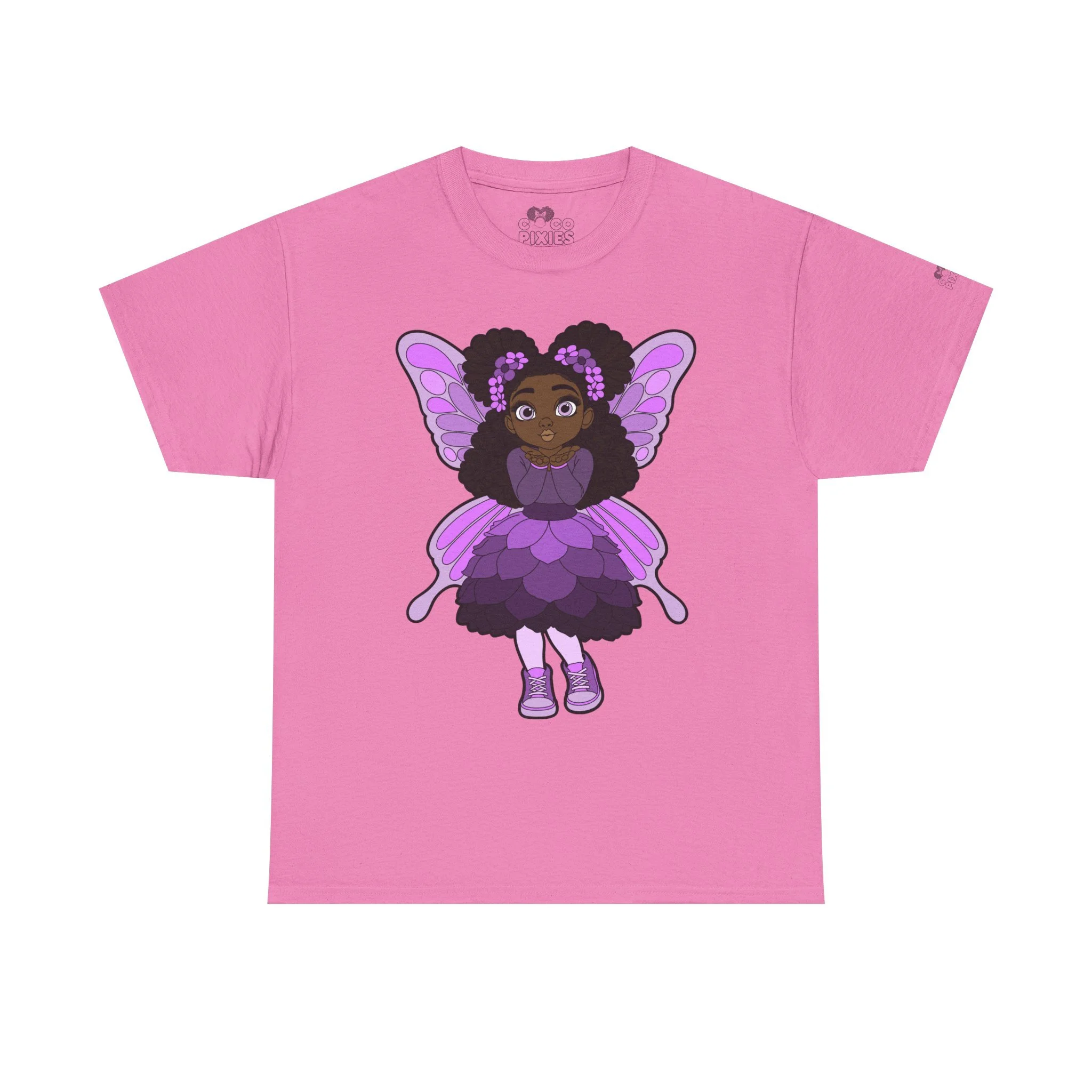 Amber Amazingpuff Adult Graphic T-Shirt by COCO PIXIES featuring a whimsical Black pixie with afro puffs, purple wings, and layered purple dress.