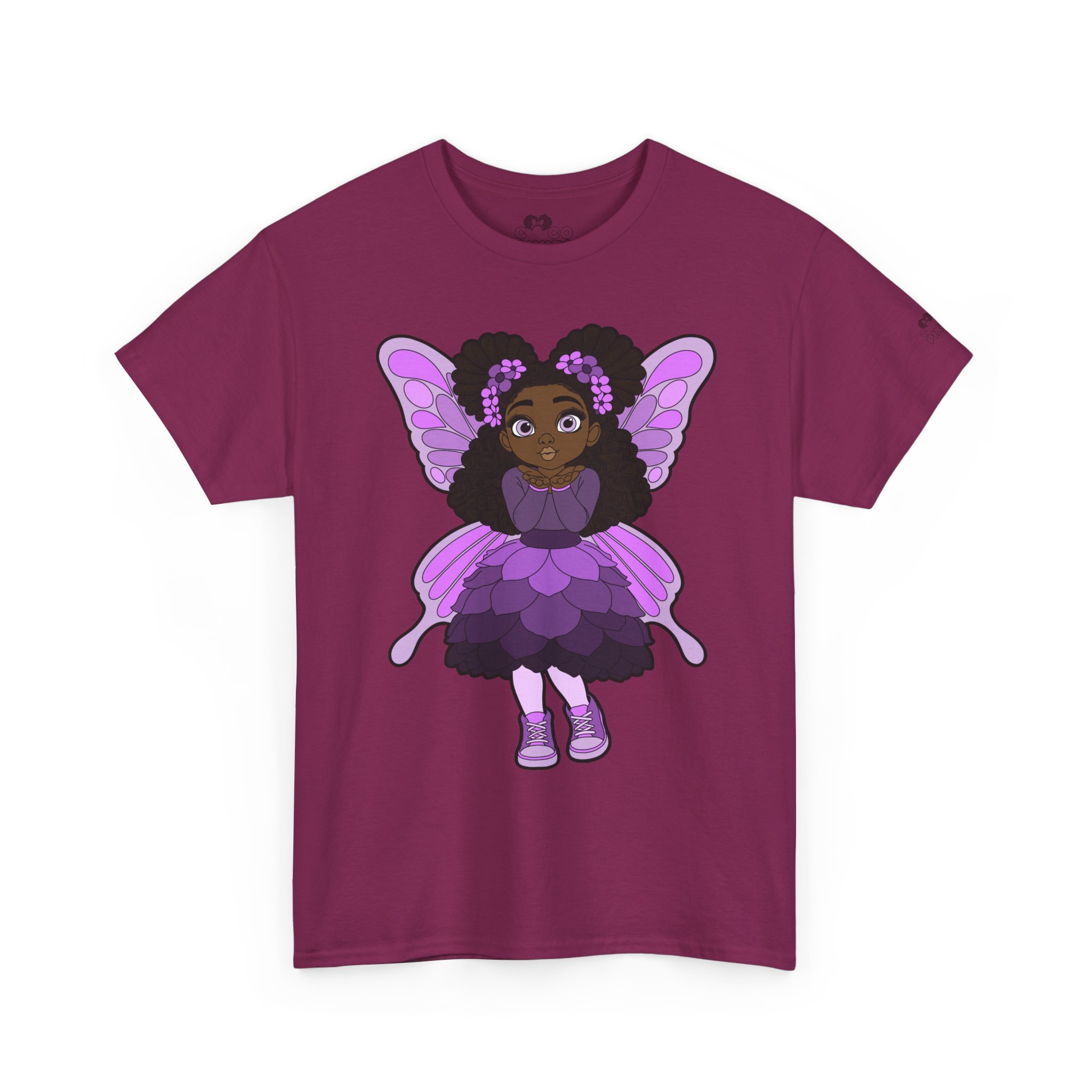 Amber Amazingpuff Adult Graphic T-Shirt by COCO PIXIES featuring a whimsical Black pixie with afro puffs, purple wings, and layered purple dress.