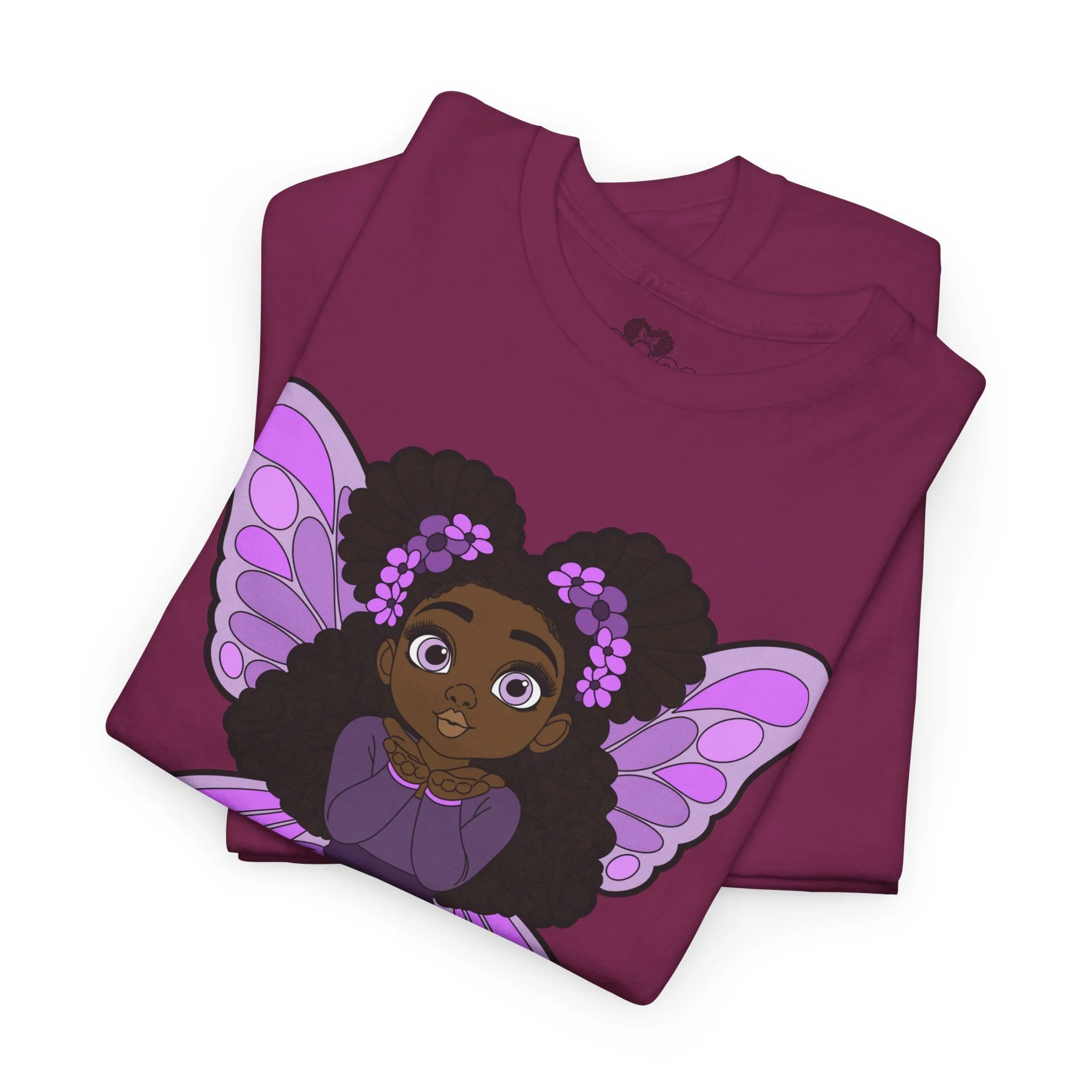 Amber Amazingpuff Adult Graphic T-Shirt by COCO PIXIES featuring a whimsical Black pixie with afro puffs, purple wings, and layered purple dress.