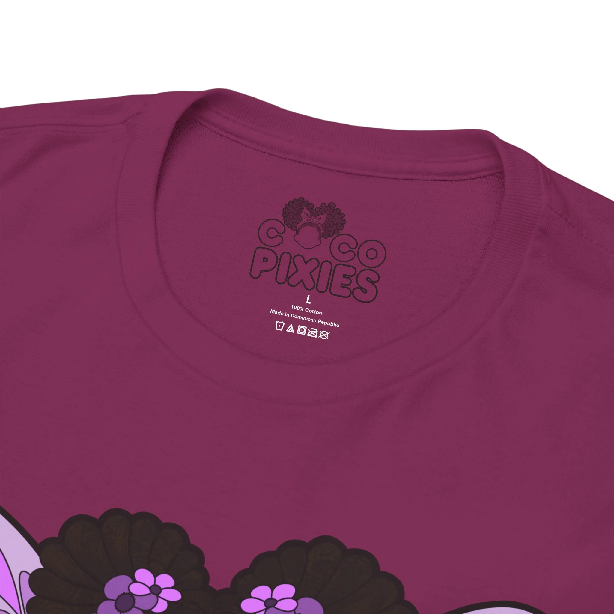 Amber Amazingpuff Adult Graphic T-Shirt by COCO PIXIES featuring a whimsical Black pixie with afro puffs, purple wings, and layered purple dress.