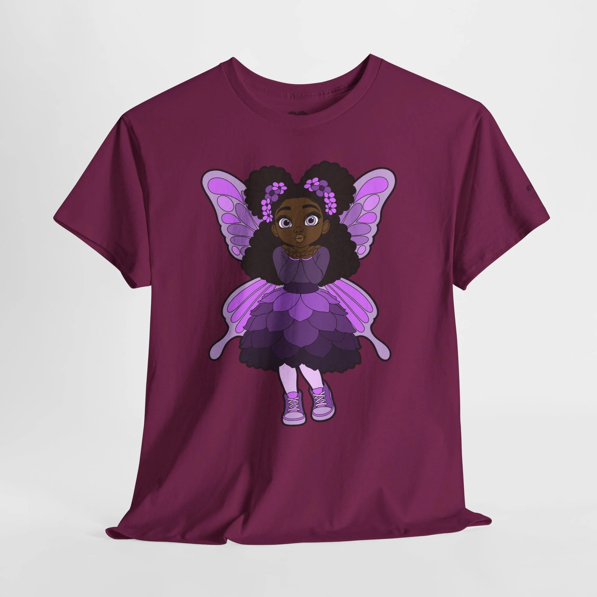 Amber Amazingpuff Adult Graphic T-Shirt by COCO PIXIES featuring a whimsical Black pixie with afro puffs, purple wings, and layered purple dress.