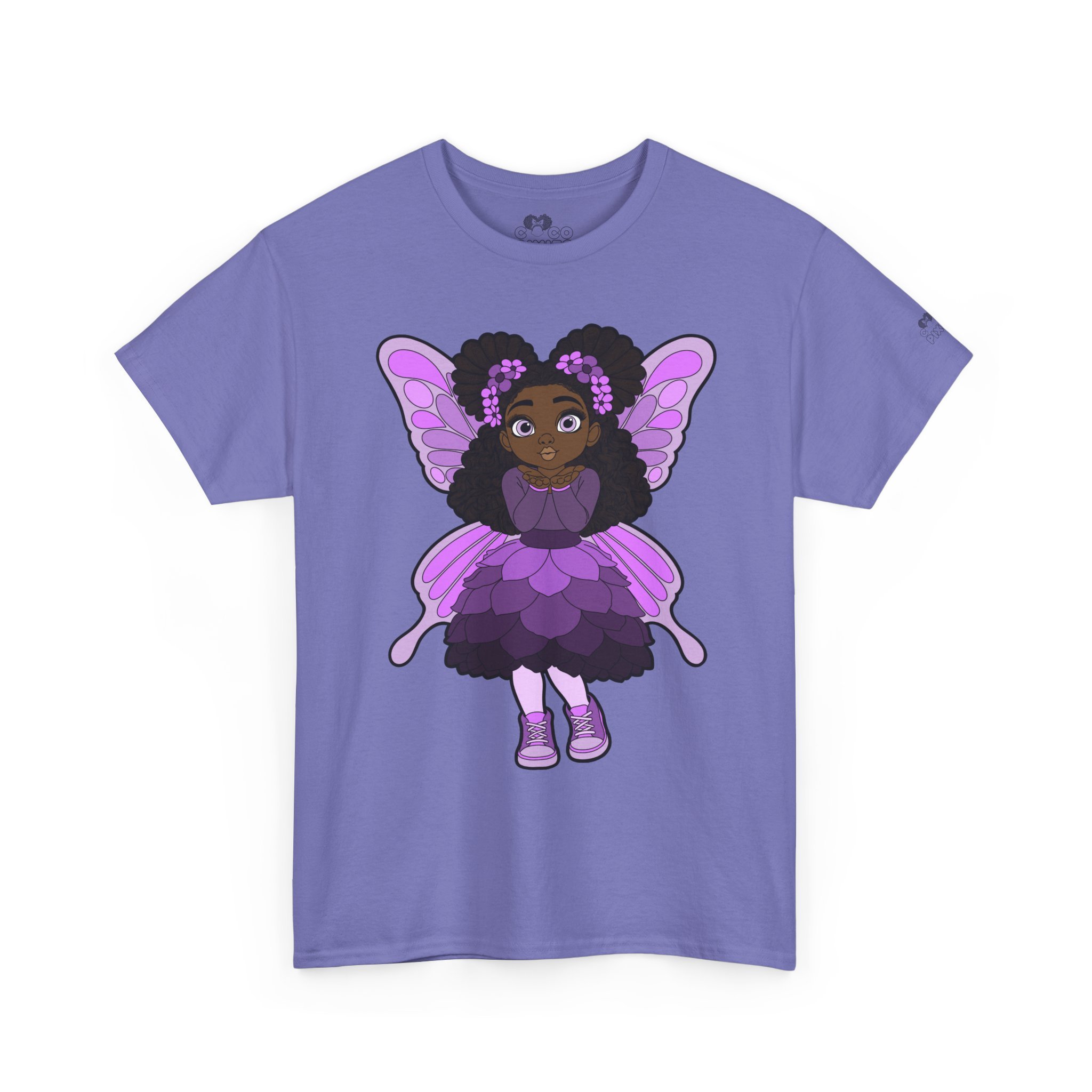 Amber Amazingpuff Adult Graphic T-Shirt by COCO PIXIES featuring a whimsical Black pixie with afro puffs, purple wings, and layered purple dress.