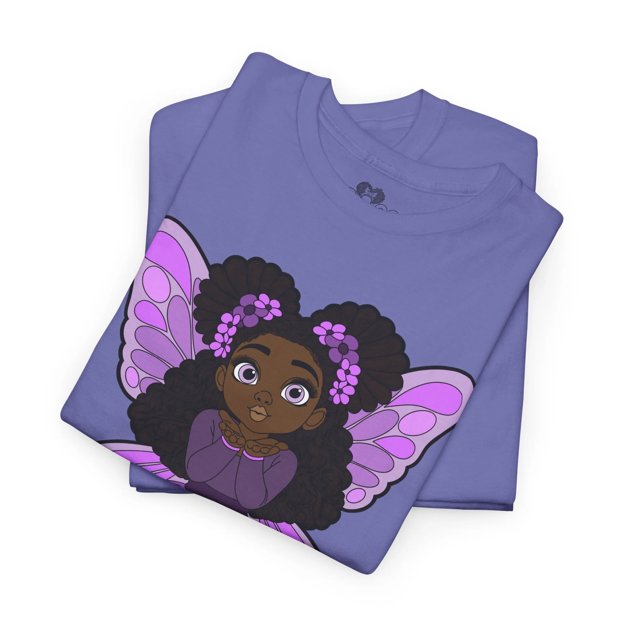 Amber Amazingpuff Adult Graphic T-Shirt by COCO PIXIES featuring a whimsical Black pixie with afro puffs, purple wings, and layered purple dress.