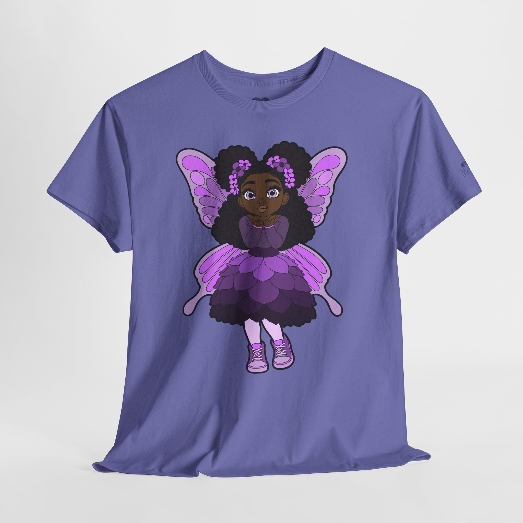 Amber Amazingpuff Adult Graphic T-Shirt by COCO PIXIES featuring a whimsical Black pixie with afro puffs, purple wings, and layered purple dress.