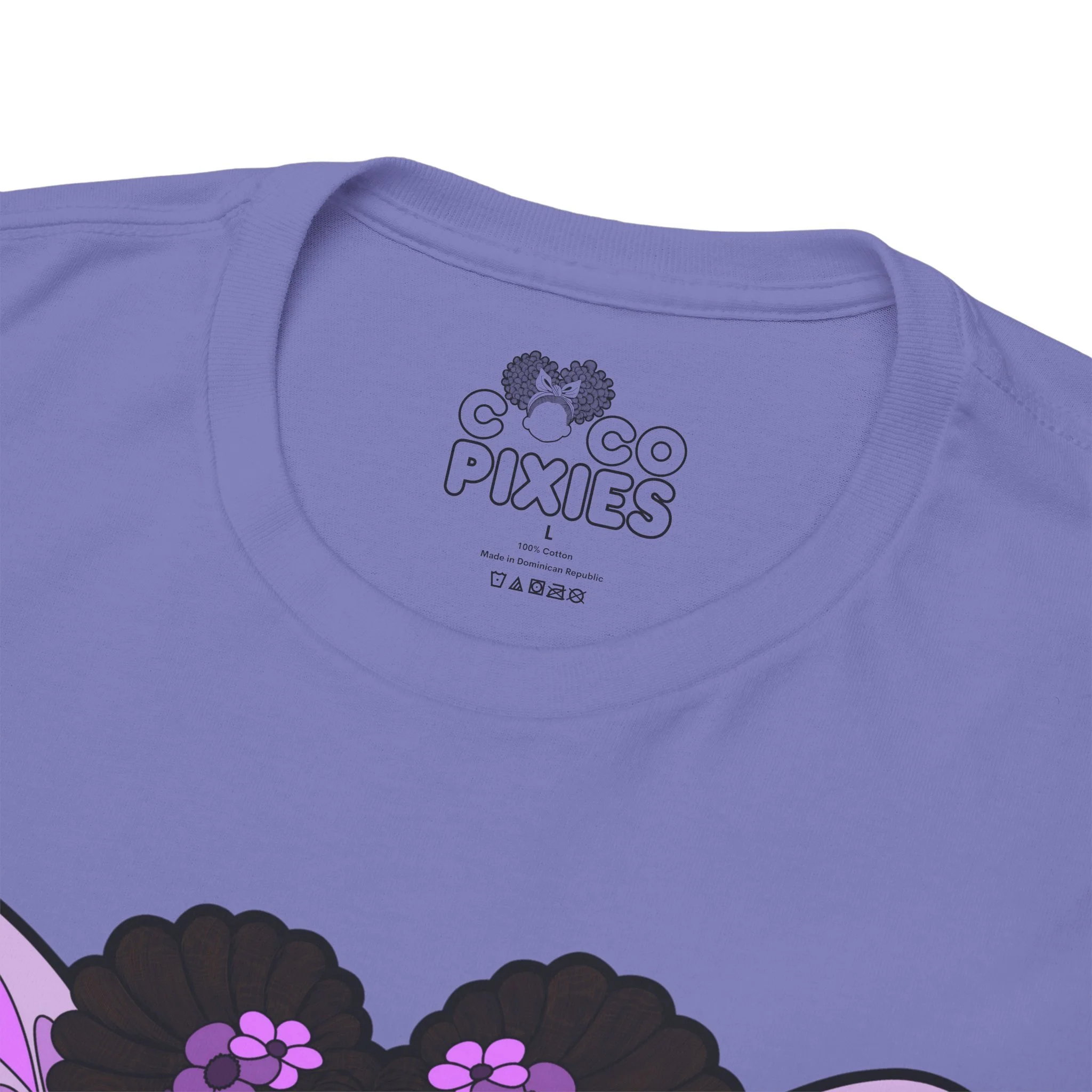 Amber Amazingpuff Adult Graphic T-Shirt by COCO PIXIES featuring a whimsical Black pixie with afro puffs, purple wings, and layered purple dress.