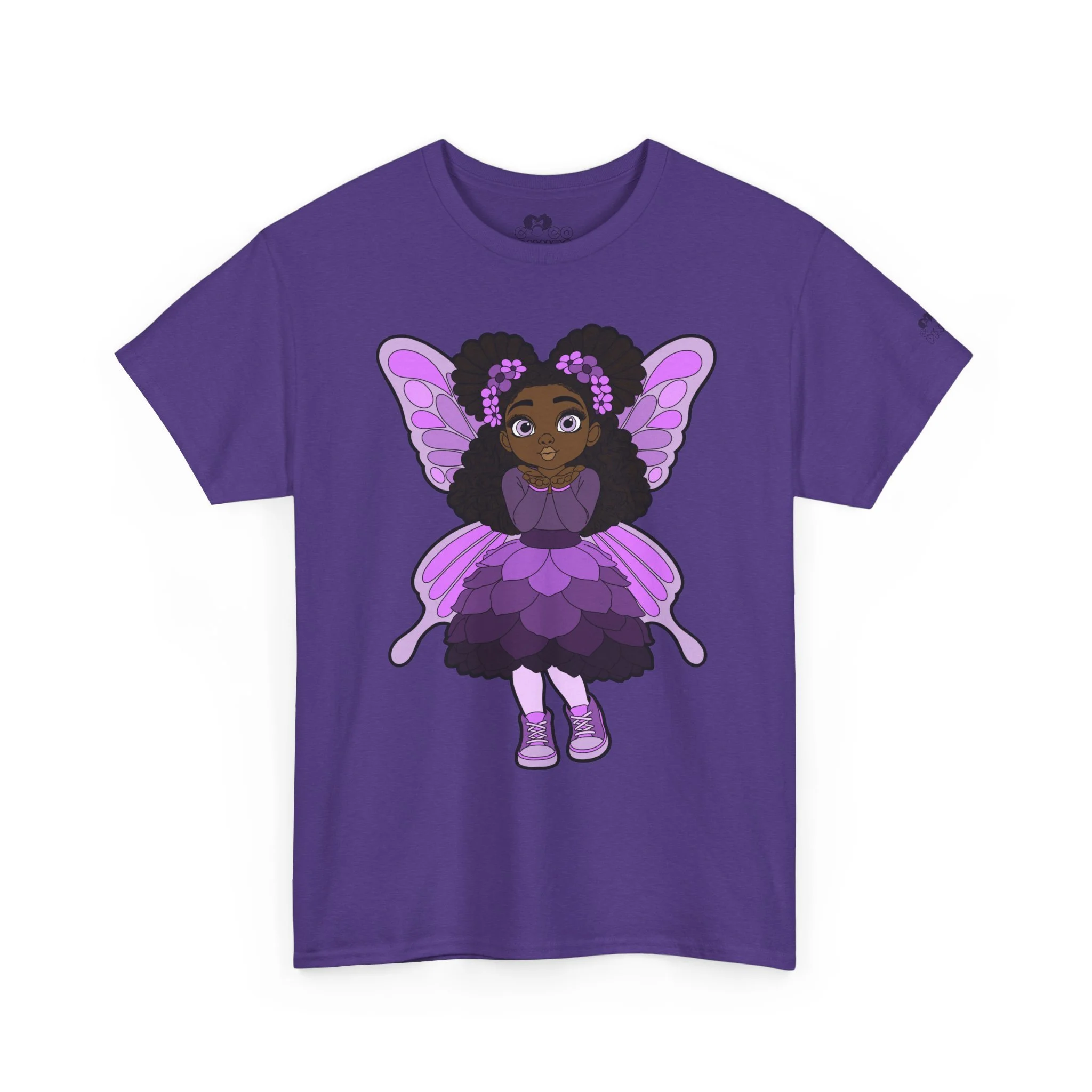 Amber Amazingpuff Adult Graphic T-Shirt by COCO PIXIES featuring a whimsical Black pixie with afro puffs, purple wings, and layered purple dress.