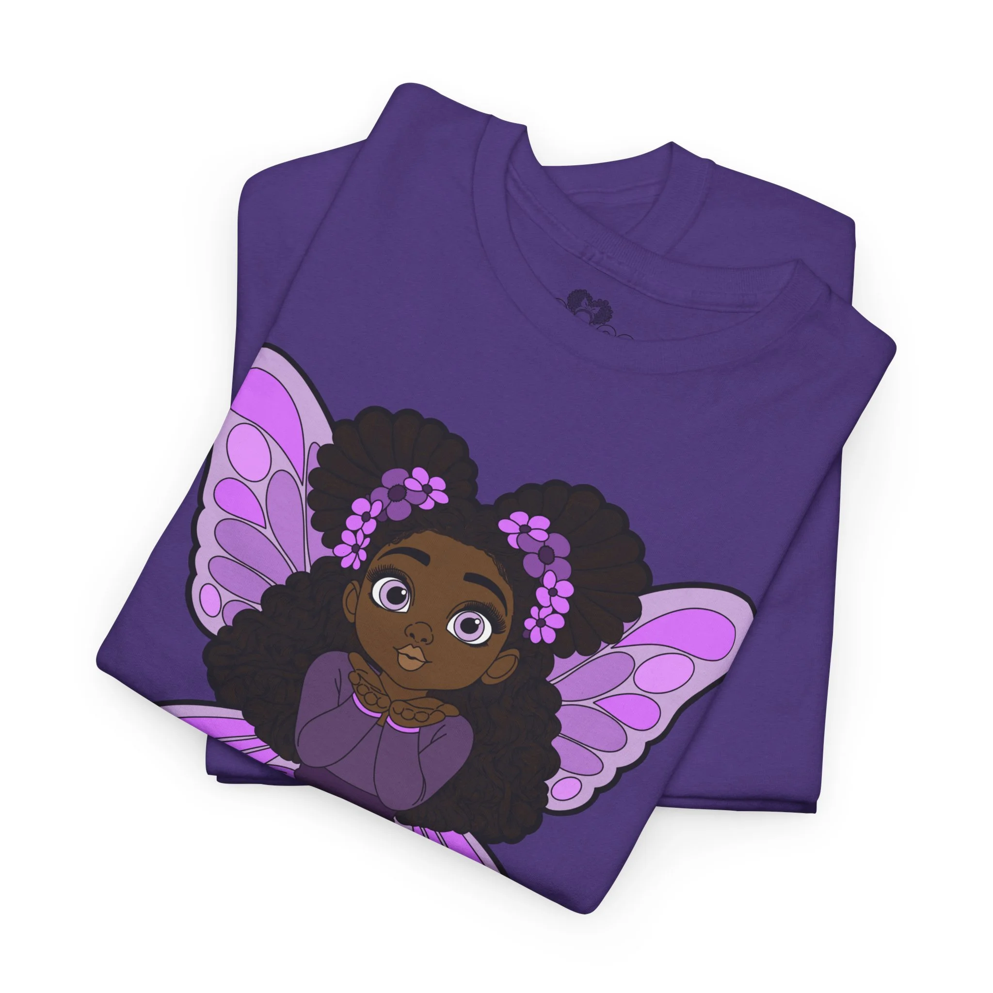 Amber Amazingpuff Adult Graphic T-Shirt by COCO PIXIES featuring a whimsical Black pixie with afro puffs, purple wings, and layered purple dress.