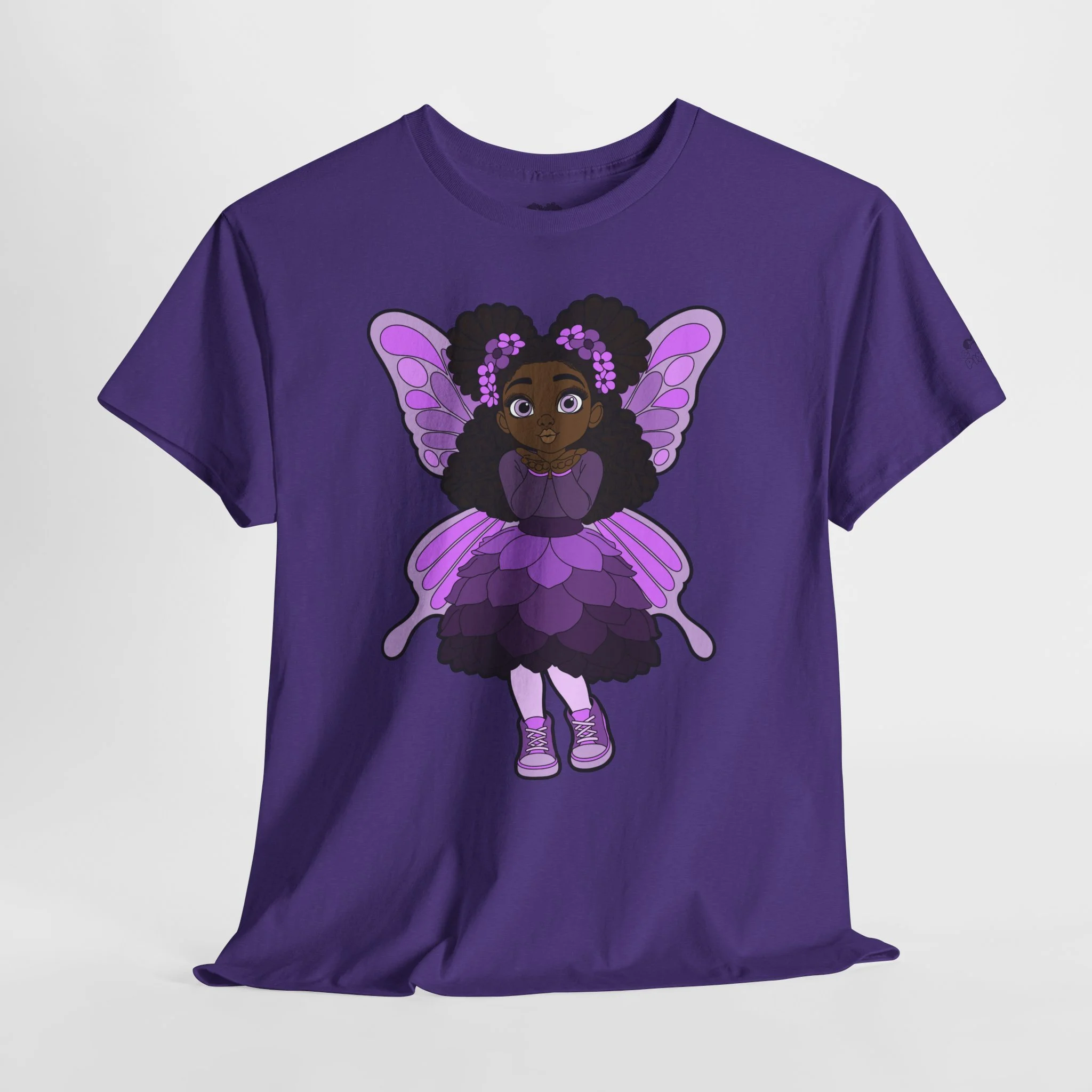 Amber Amazingpuff Adult Graphic T-Shirt by COCO PIXIES featuring a whimsical Black pixie with afro puffs, purple wings, and layered purple dress.