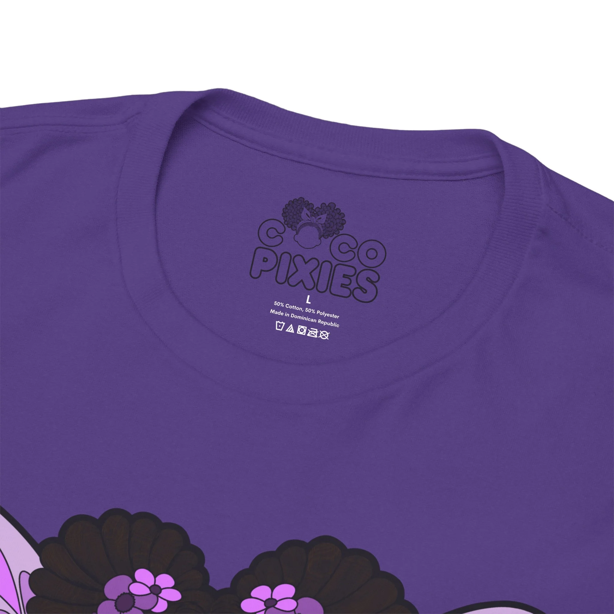 Amber Amazingpuff Adult Graphic T-Shirt by COCO PIXIES featuring a whimsical Black pixie with afro puffs, purple wings, and layered purple dress.