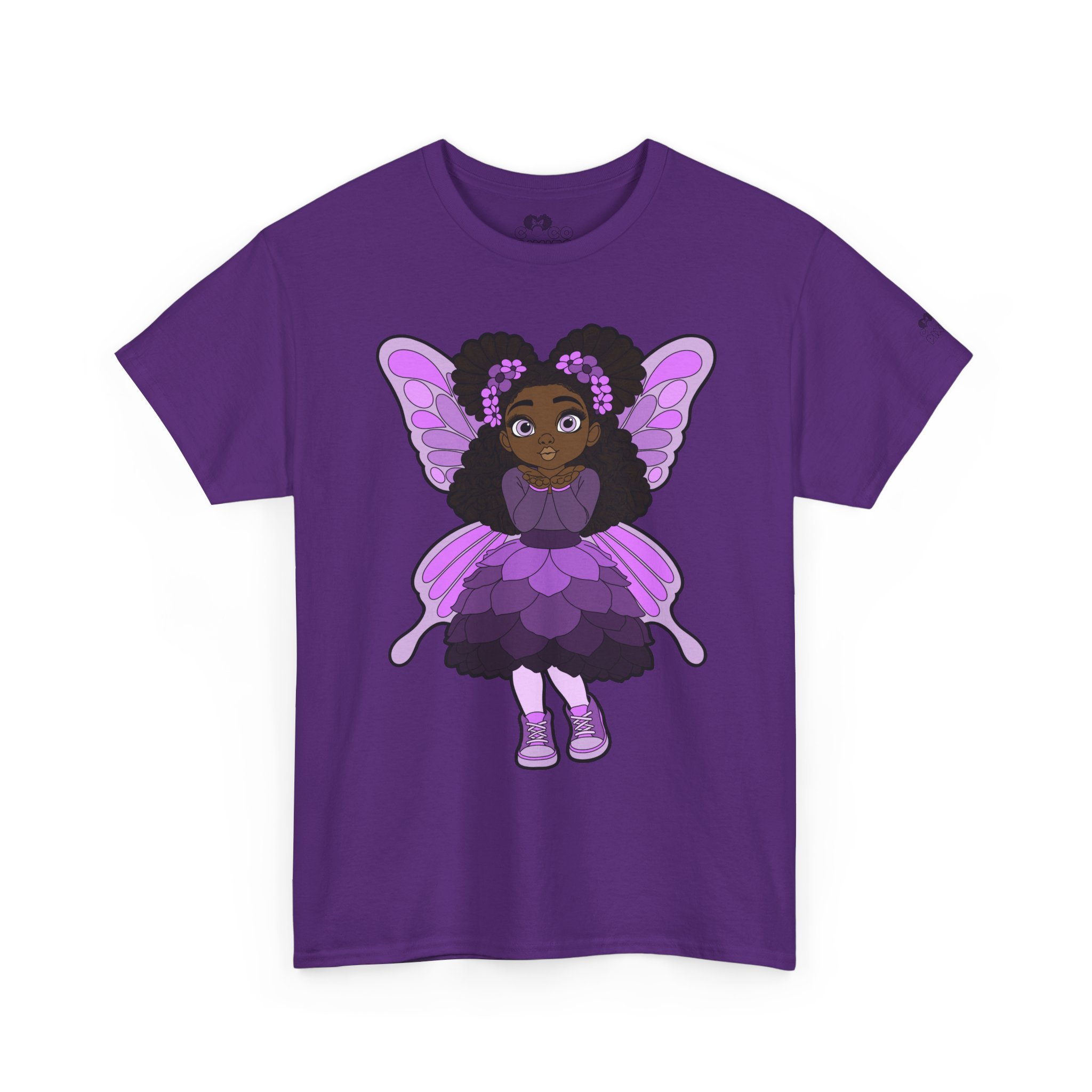Amber Amazingpuff Adult Graphic T-Shirt by COCO PIXIES featuring a whimsical Black pixie with afro puffs, purple wings, and layered purple dress.