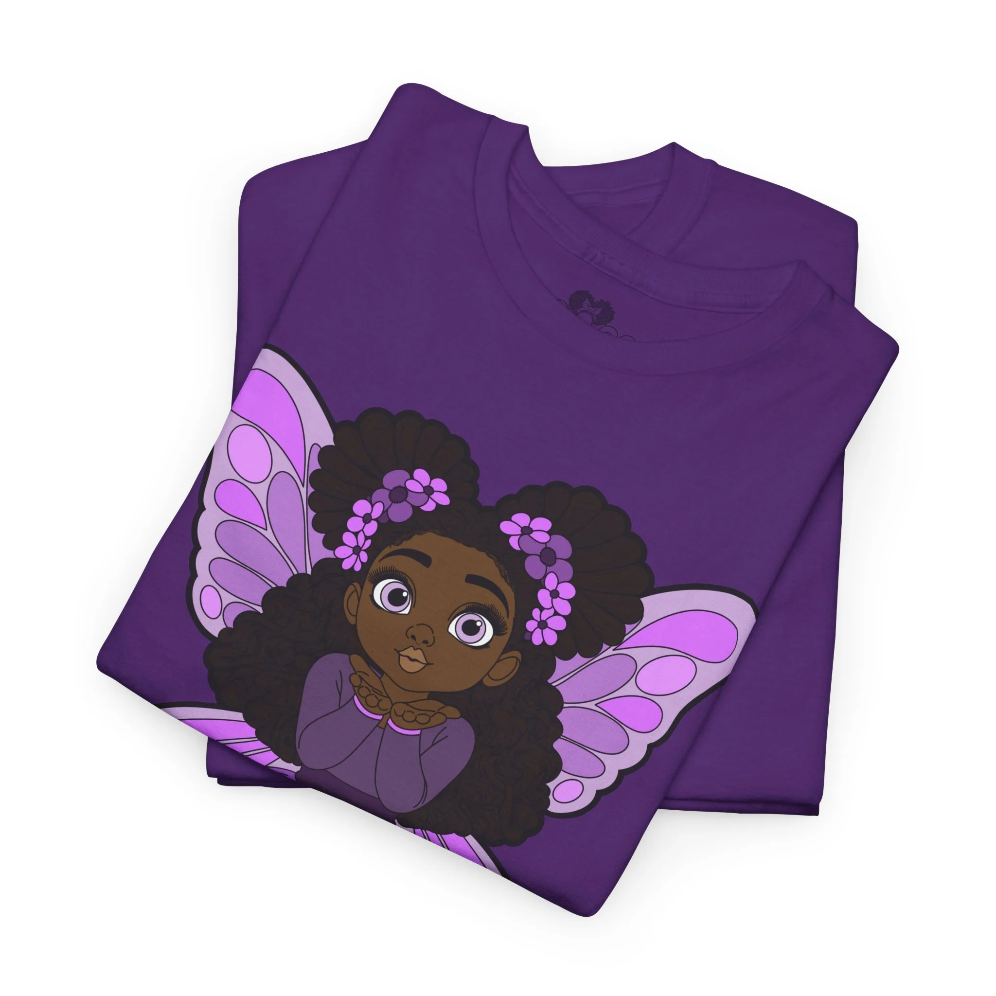 Amber Amazingpuff Adult Graphic T-Shirt by COCO PIXIES featuring a whimsical Black pixie with afro puffs, purple wings, and layered purple dress.