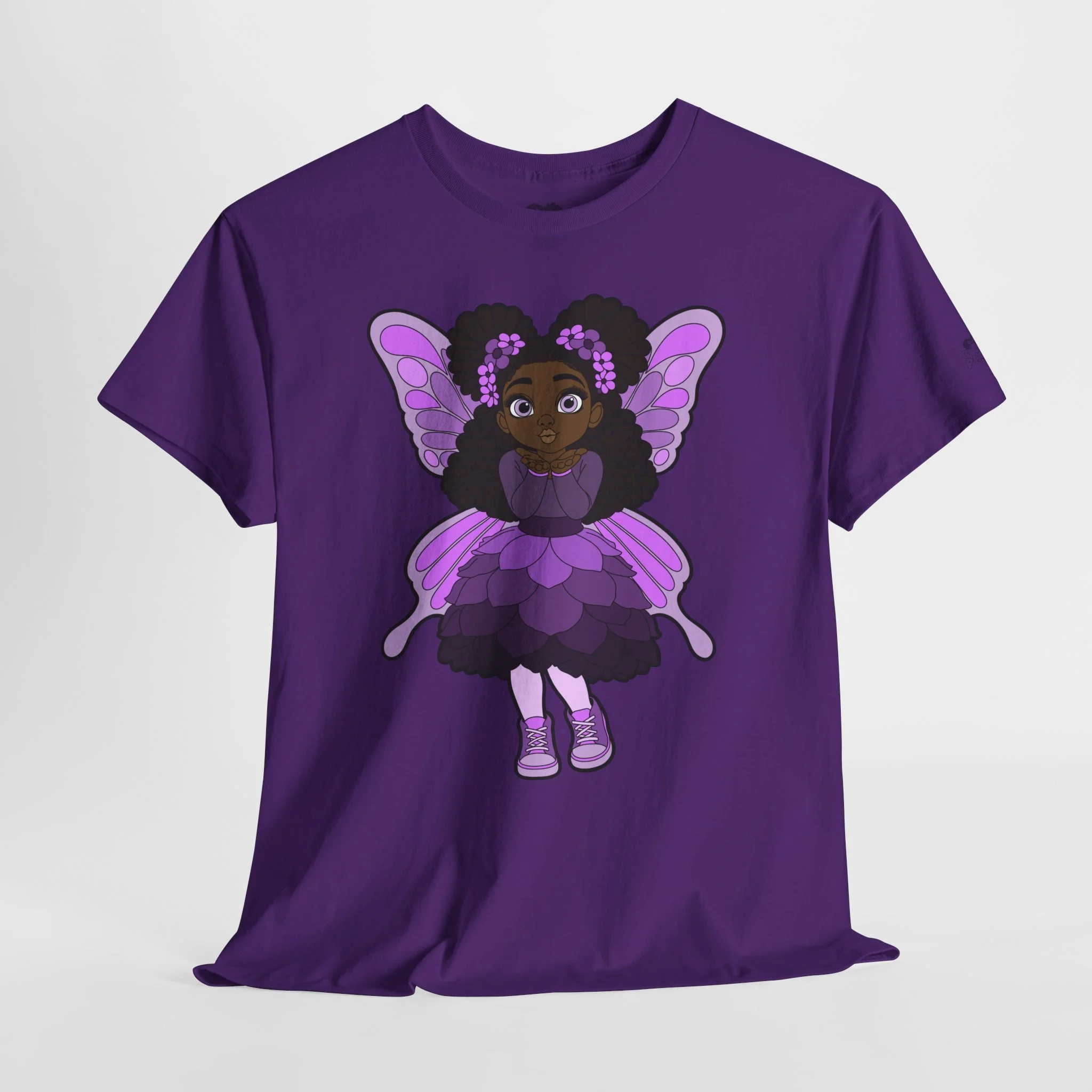 Amber Amazingpuff Adult Graphic T-Shirt by COCO PIXIES featuring a whimsical Black pixie with afro puffs, purple wings, and layered purple dress.