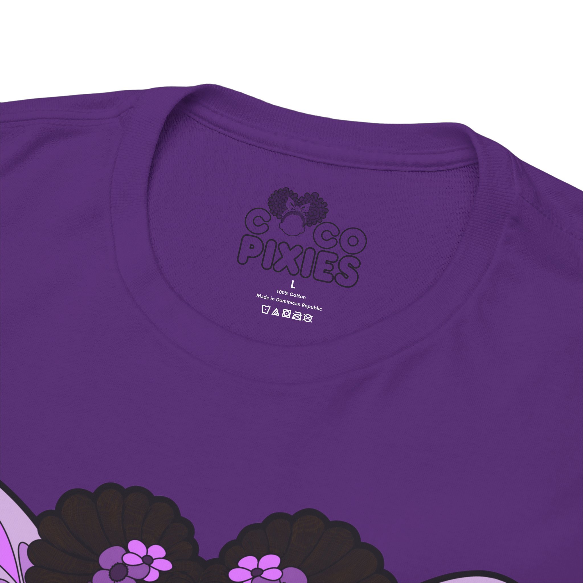 Amber Amazingpuff Adult Graphic T-Shirt by COCO PIXIES featuring a whimsical Black pixie with afro puffs, purple wings, and layered purple dress.
