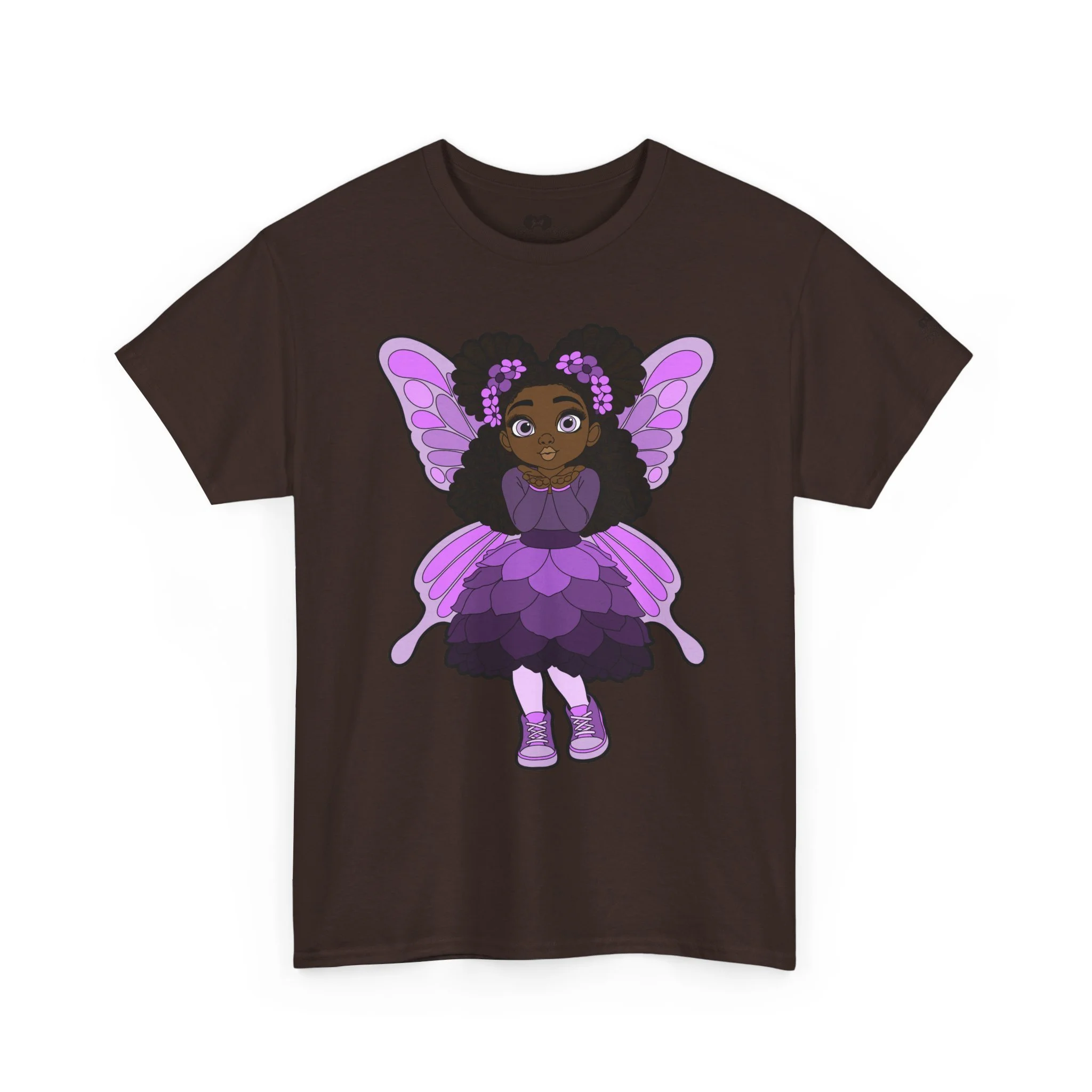 Amber Amazingpuff Adult Graphic T-Shirt by COCO PIXIES featuring a whimsical Black pixie with afro puffs, purple wings, and layered purple dress.