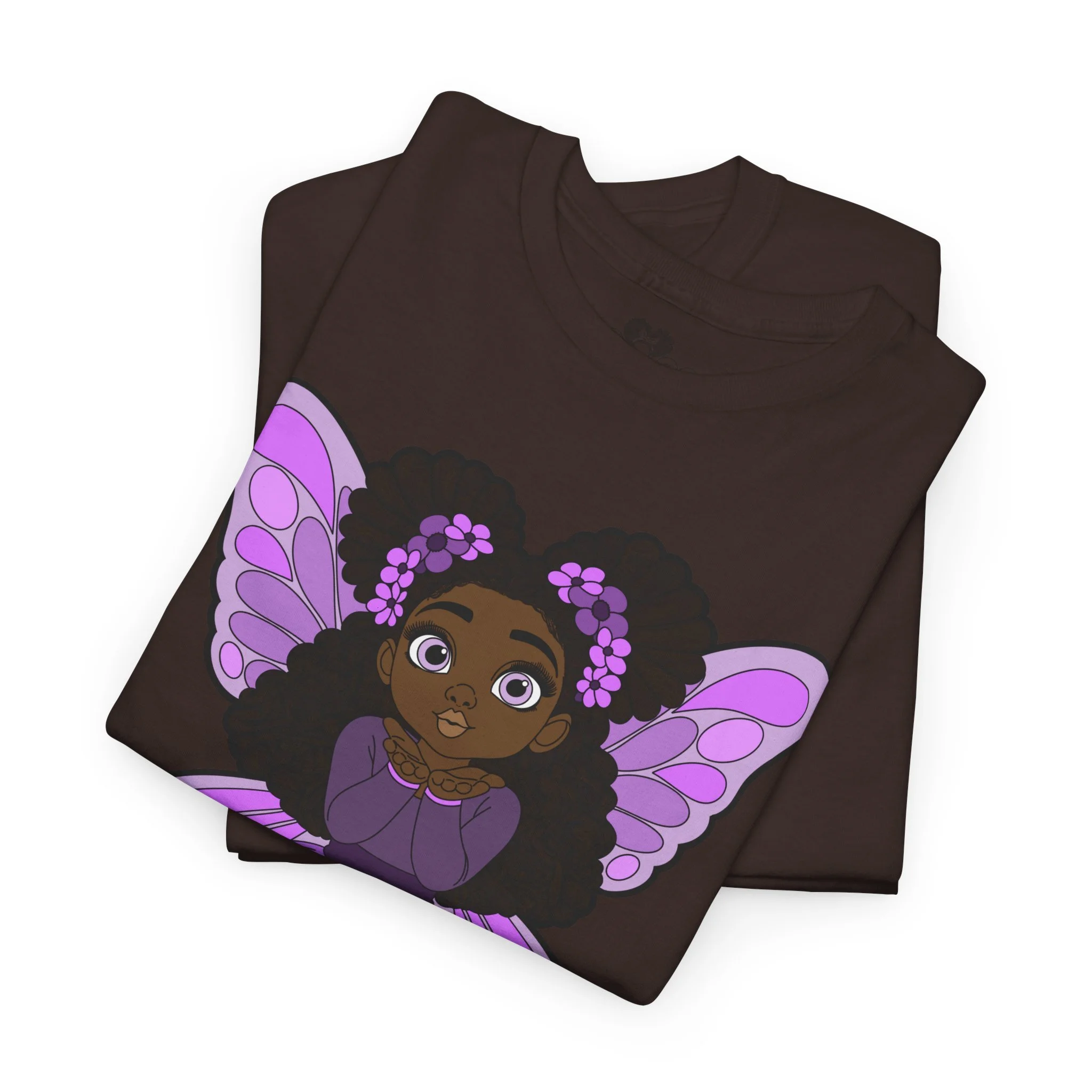 Amber Amazingpuff Adult Graphic T-Shirt by COCO PIXIES featuring a whimsical Black pixie with afro puffs, purple wings, and layered purple dress.