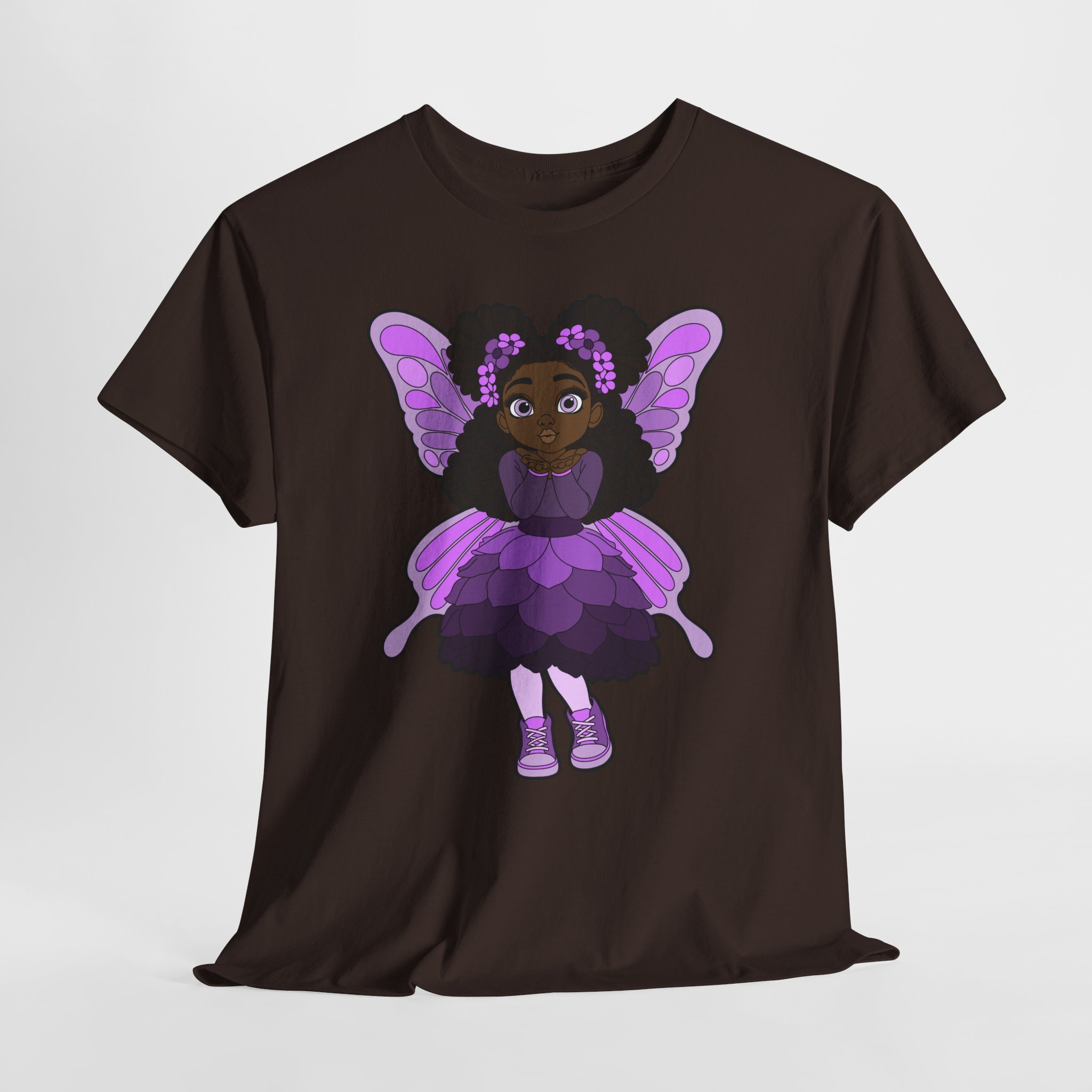 Amber Amazingpuff Adult Graphic T-Shirt by COCO PIXIES featuring a whimsical Black pixie with afro puffs, purple wings, and layered purple dress.