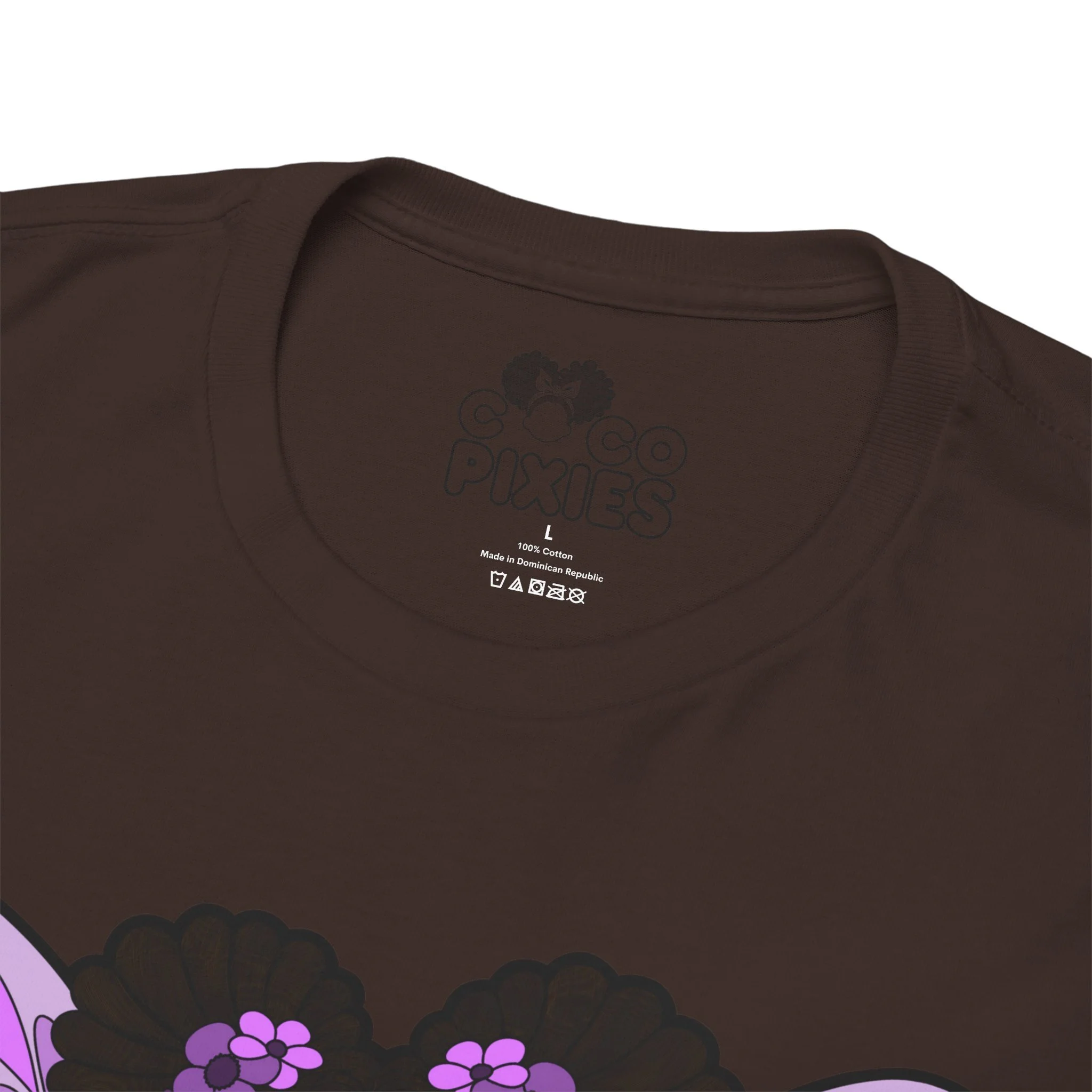 Amber Amazingpuff Adult Graphic T-Shirt by COCO PIXIES featuring a whimsical Black pixie with afro puffs, purple wings, and layered purple dress.