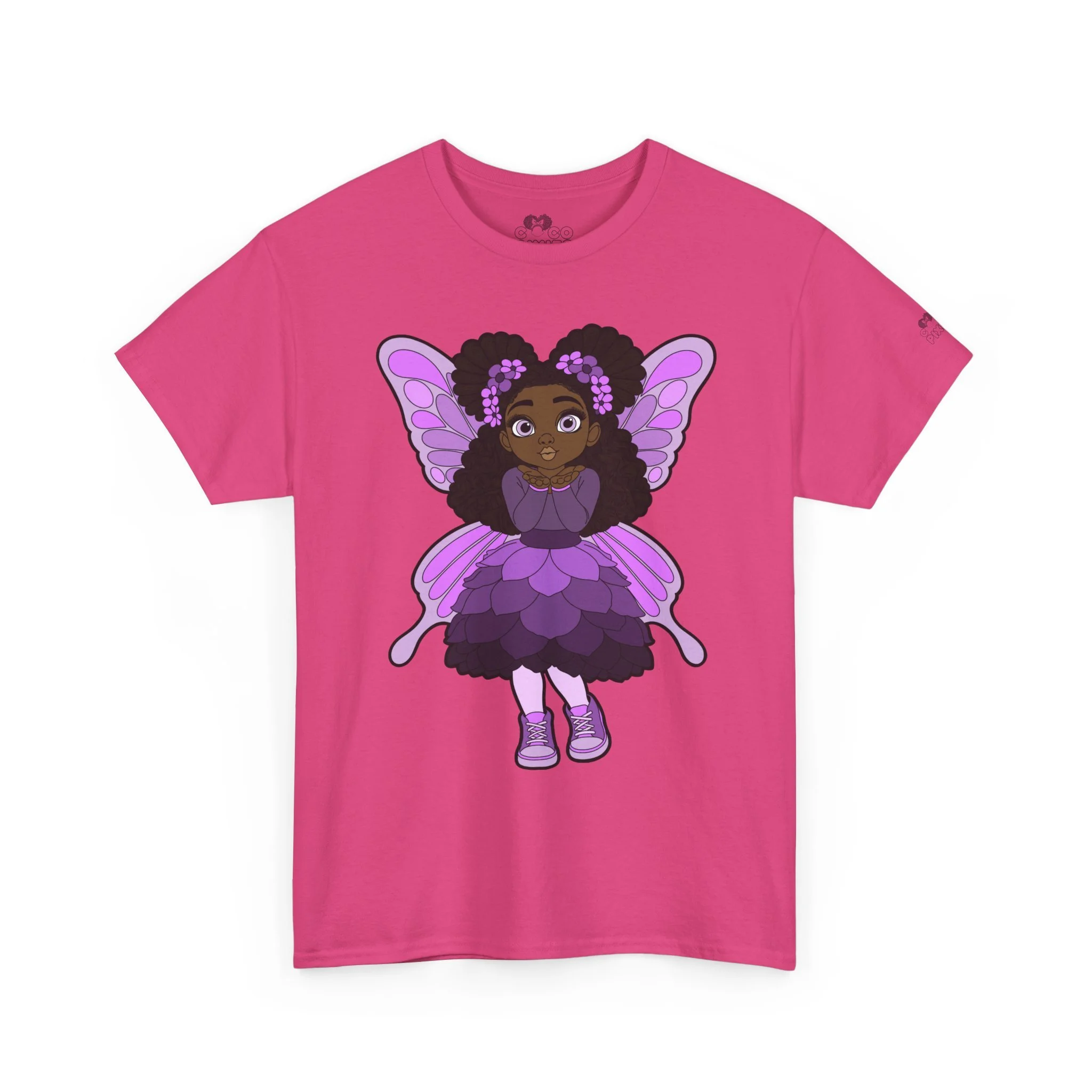 Amber Amazingpuff Adult Graphic T-Shirt by COCO PIXIES featuring a whimsical Black pixie with afro puffs, purple wings, and layered purple dress.