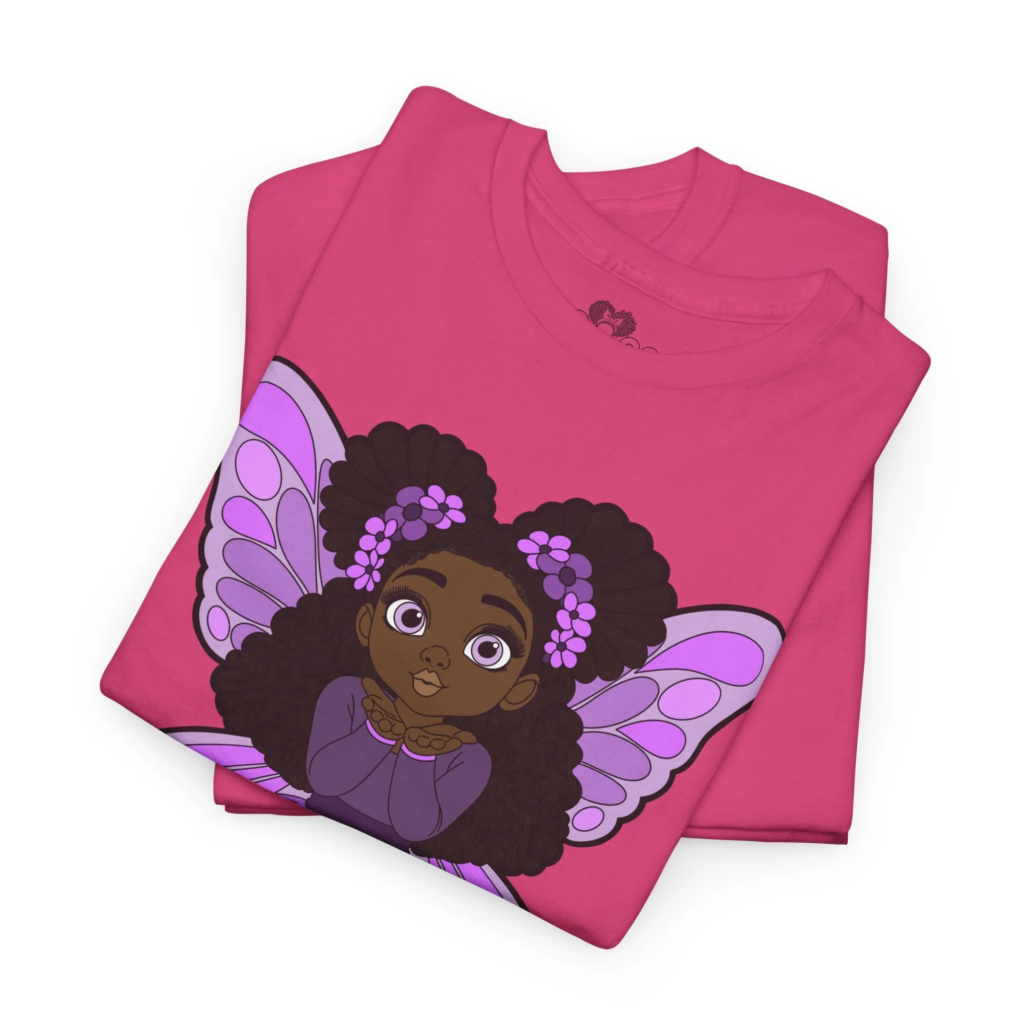 Amber Amazingpuff Adult Graphic T-Shirt by COCO PIXIES featuring a whimsical Black pixie with afro puffs, purple wings, and layered purple dress.