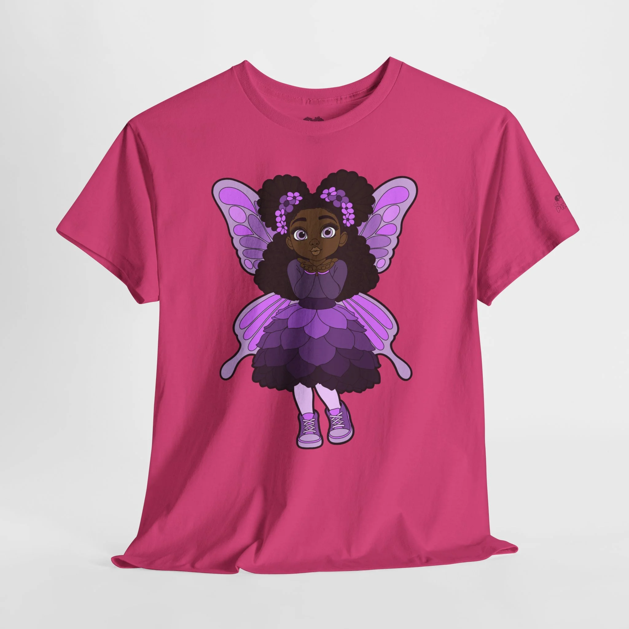 Amber Amazingpuff Adult Graphic T-Shirt by COCO PIXIES featuring a whimsical Black pixie with afro puffs, purple wings, and layered purple dress.