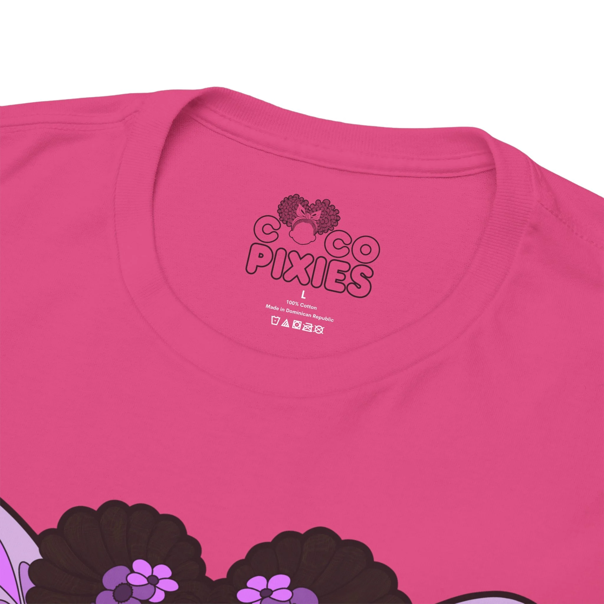 Amber Amazingpuff Adult Graphic T-Shirt by COCO PIXIES featuring a whimsical Black pixie with afro puffs, purple wings, and layered purple dress.