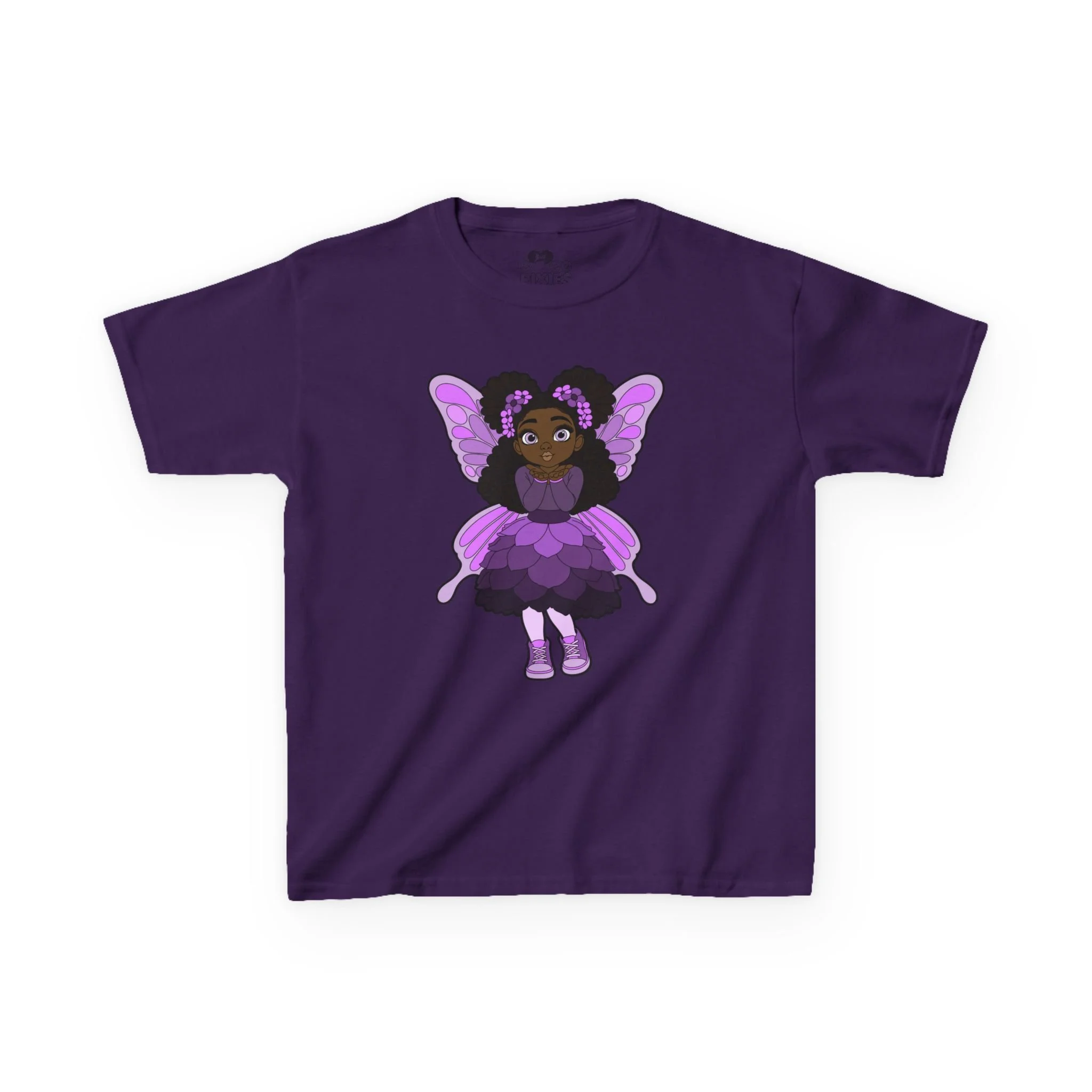 Amber Amazingpuff Kids Graphic T-Shirt by COCO PIXIES featuring a whimsical Black pixie with afro puffs, purple wings, and layered purple dress.