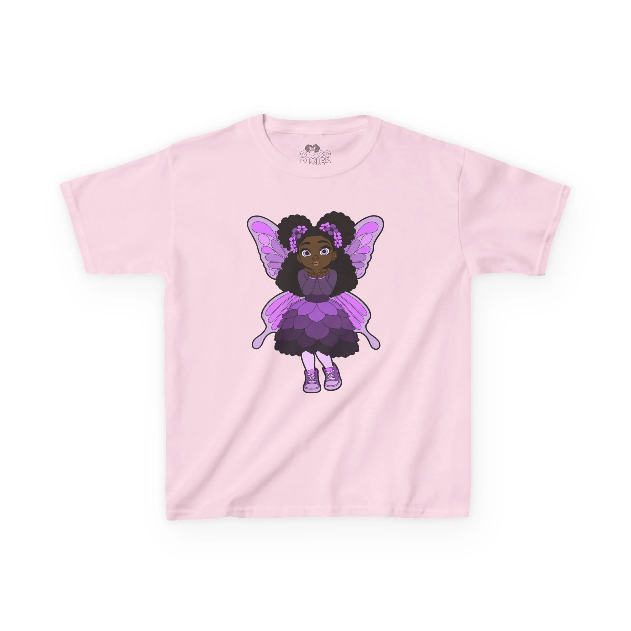 Amber Amazingpuff Kids Graphic T-Shirt by COCO PIXIES featuring a whimsical Black pixie with afro puffs, purple wings, and layered purple dress.