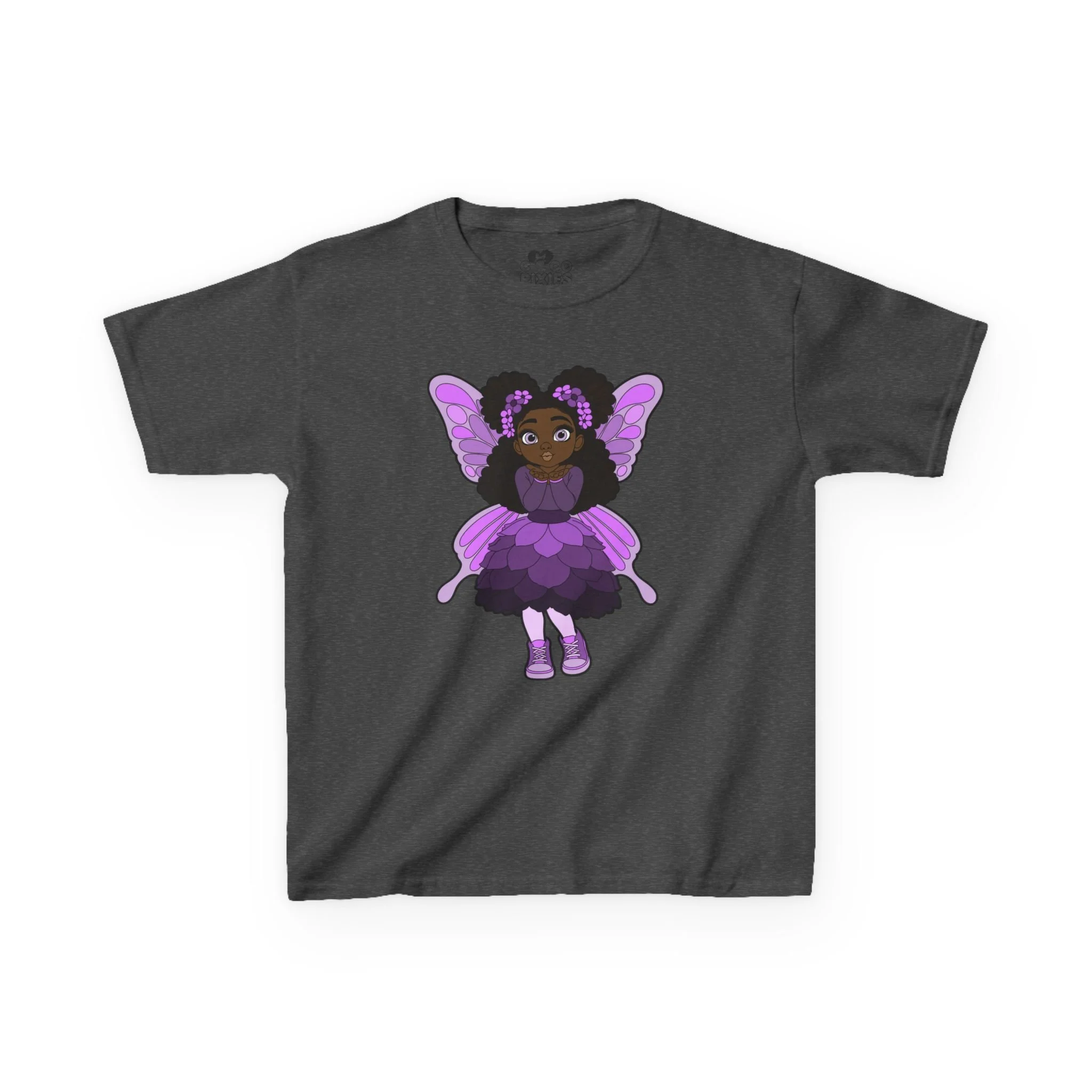 Amber Amazingpuff Kids Graphic T-Shirt by COCO PIXIES featuring a whimsical Black pixie with afro puffs, purple wings, and layered purple dress.
