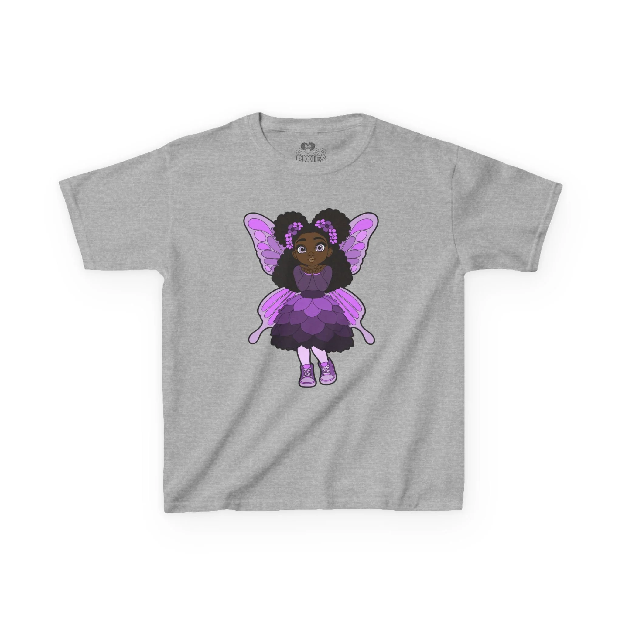 Amber Amazingpuff Kids Graphic T-Shirt by COCO PIXIES featuring a whimsical Black pixie with afro puffs, purple wings, and layered purple dress.