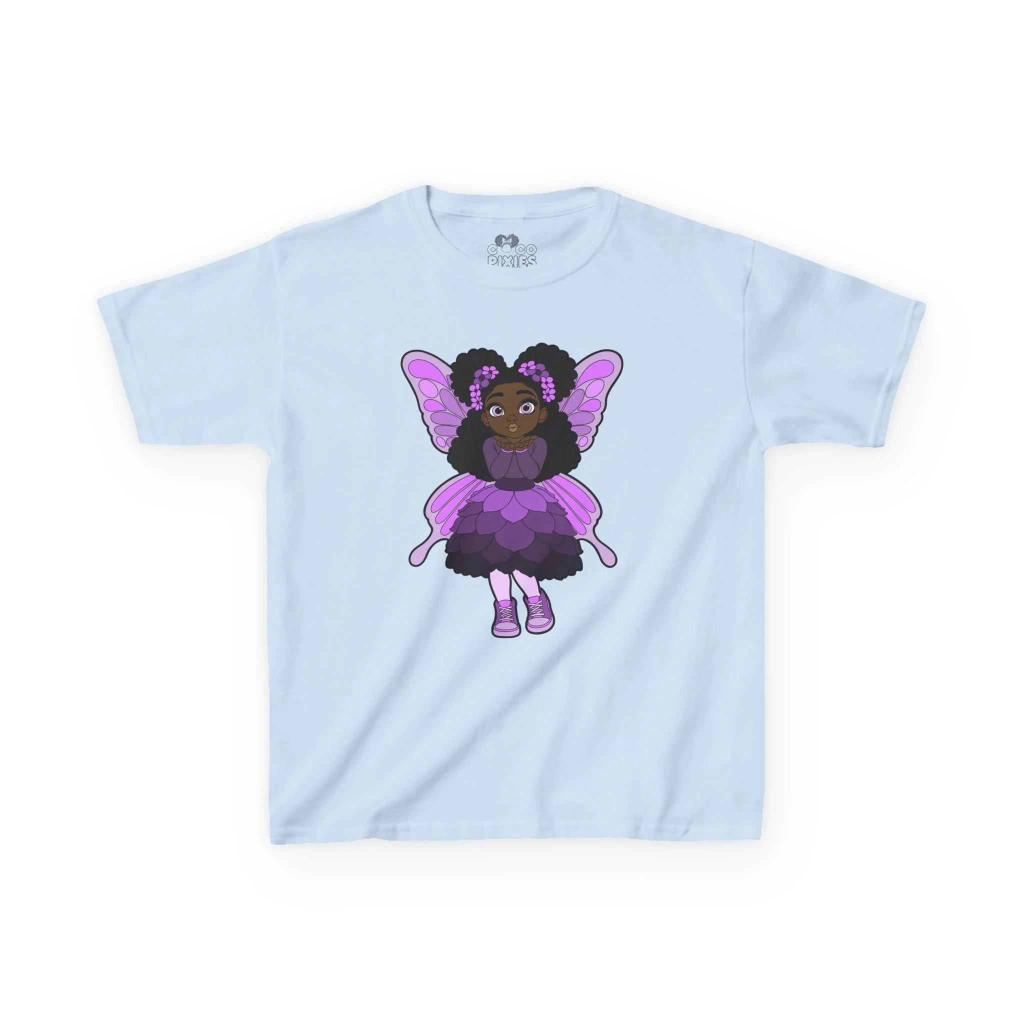 Amber Amazingpuff Kids Graphic T-Shirt by COCO PIXIES featuring a whimsical Black pixie with afro puffs, purple wings, and layered purple dress.