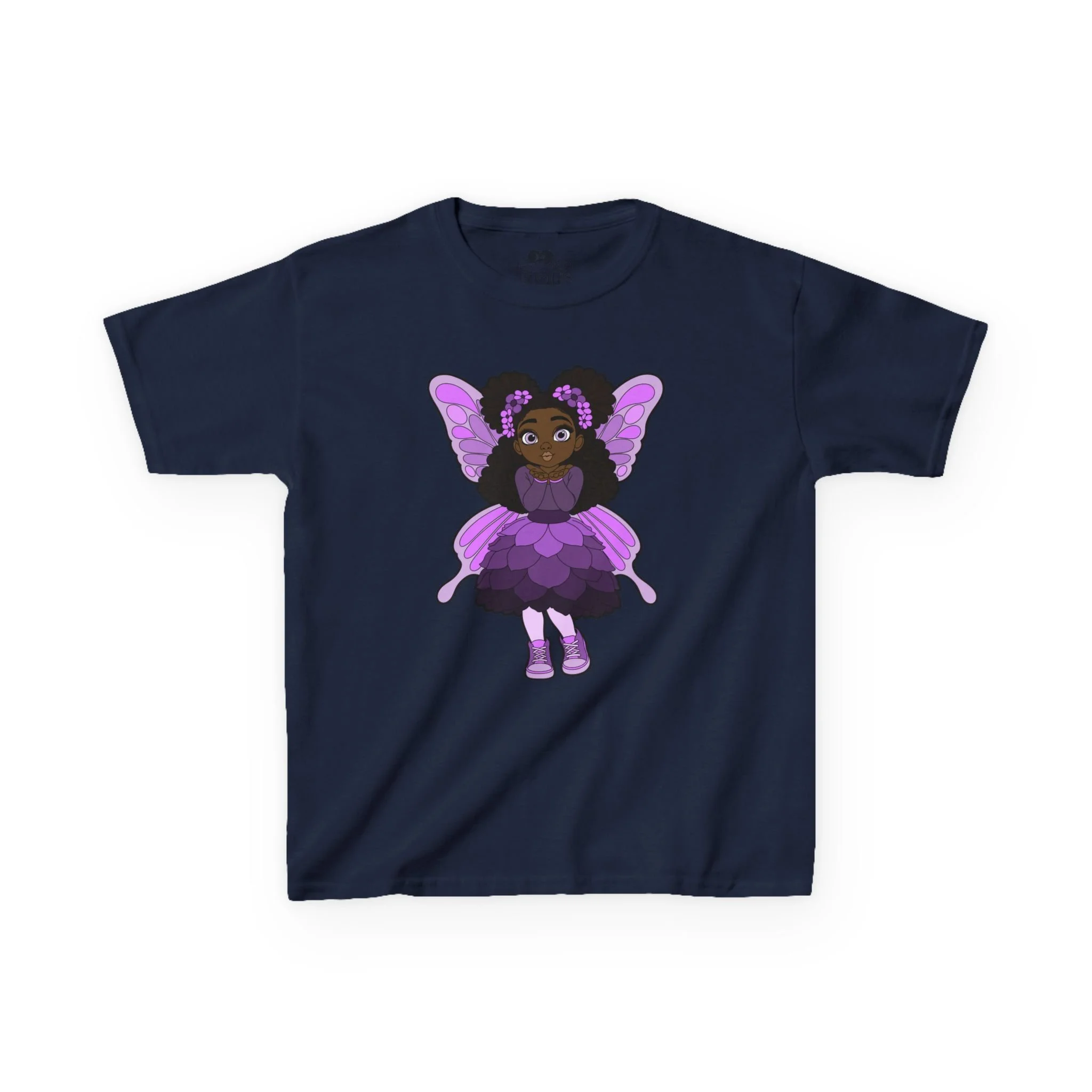 Amber Amazingpuff Kids Graphic T-Shirt by COCO PIXIES featuring a whimsical Black pixie with afro puffs, purple wings, and layered purple dress.