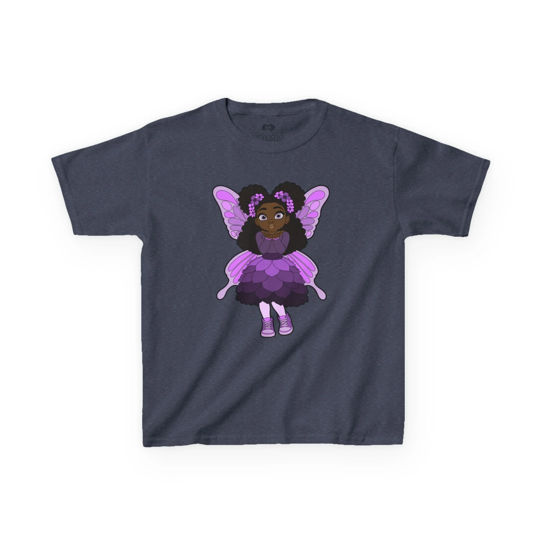 Amber Amazingpuff Kids Graphic T-Shirt by COCO PIXIES featuring a whimsical Black pixie with afro puffs, purple wings, and layered purple dress.