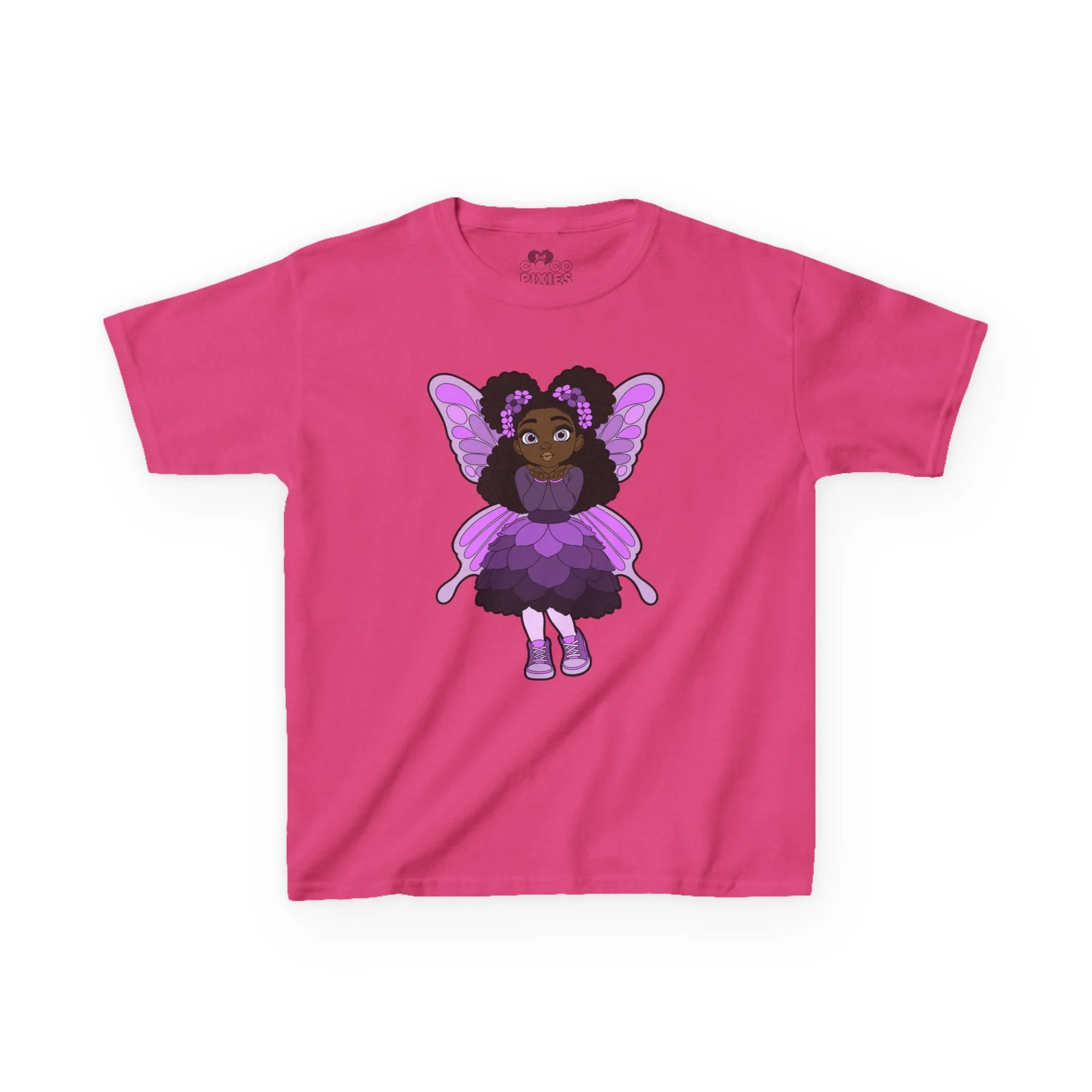 Amber Amazingpuff Kids Graphic T-Shirt by COCO PIXIES featuring a whimsical Black pixie with afro puffs, purple wings, and layered purple dress.