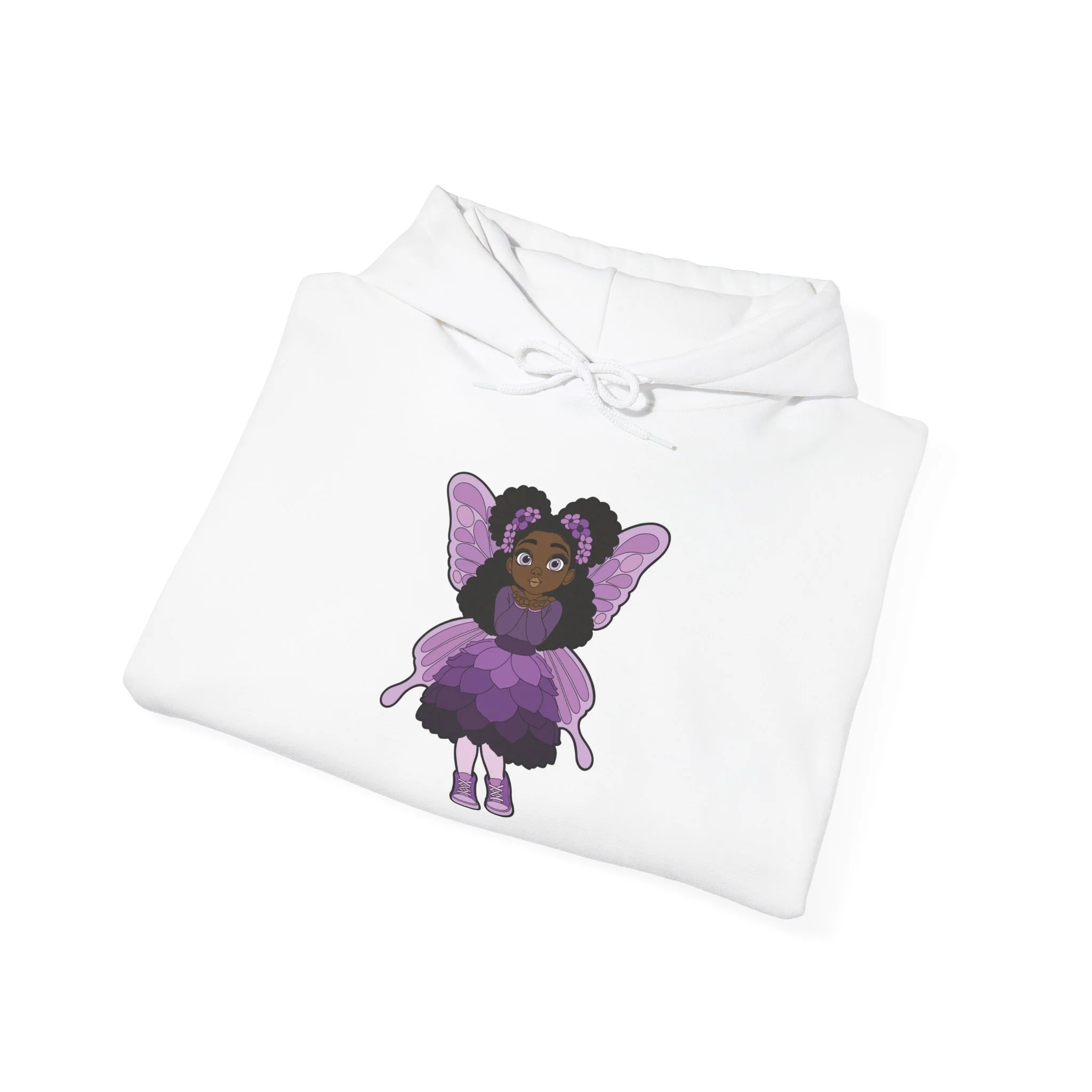 Amber Amazingpuff Women’s Hoodie Sweatshirt by COCO PIXIES featuring a whimsical Black pixie with natural afro puffs, purple wings, and a layered purple dress printed on a soft adult pullover hoodie.