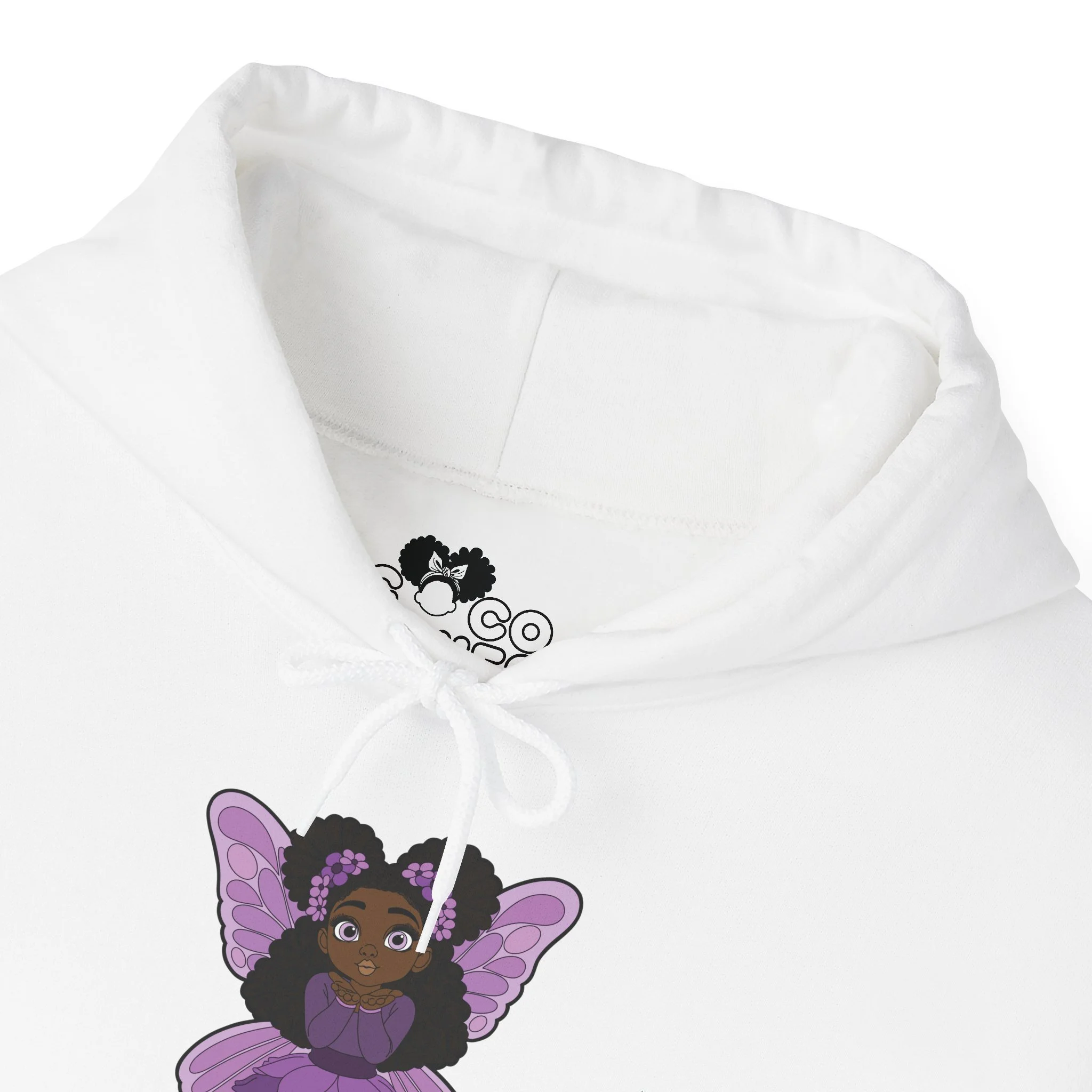 Amber Amazingpuff Women’s Hoodie Sweatshirt by COCO PIXIES featuring a whimsical Black pixie with natural afro puffs, purple wings, and a layered purple dress printed on a soft adult pullover hoodie.