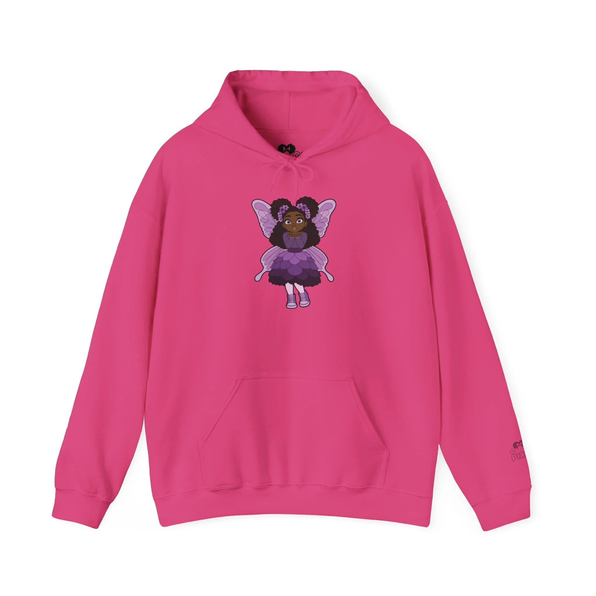 Amber Amazingpuff Women’s Hoodie Sweatshirt by COCO PIXIES featuring a whimsical Black pixie with natural afro puffs, purple wings, and a layered purple dress printed on a soft adult pullover hoodie.