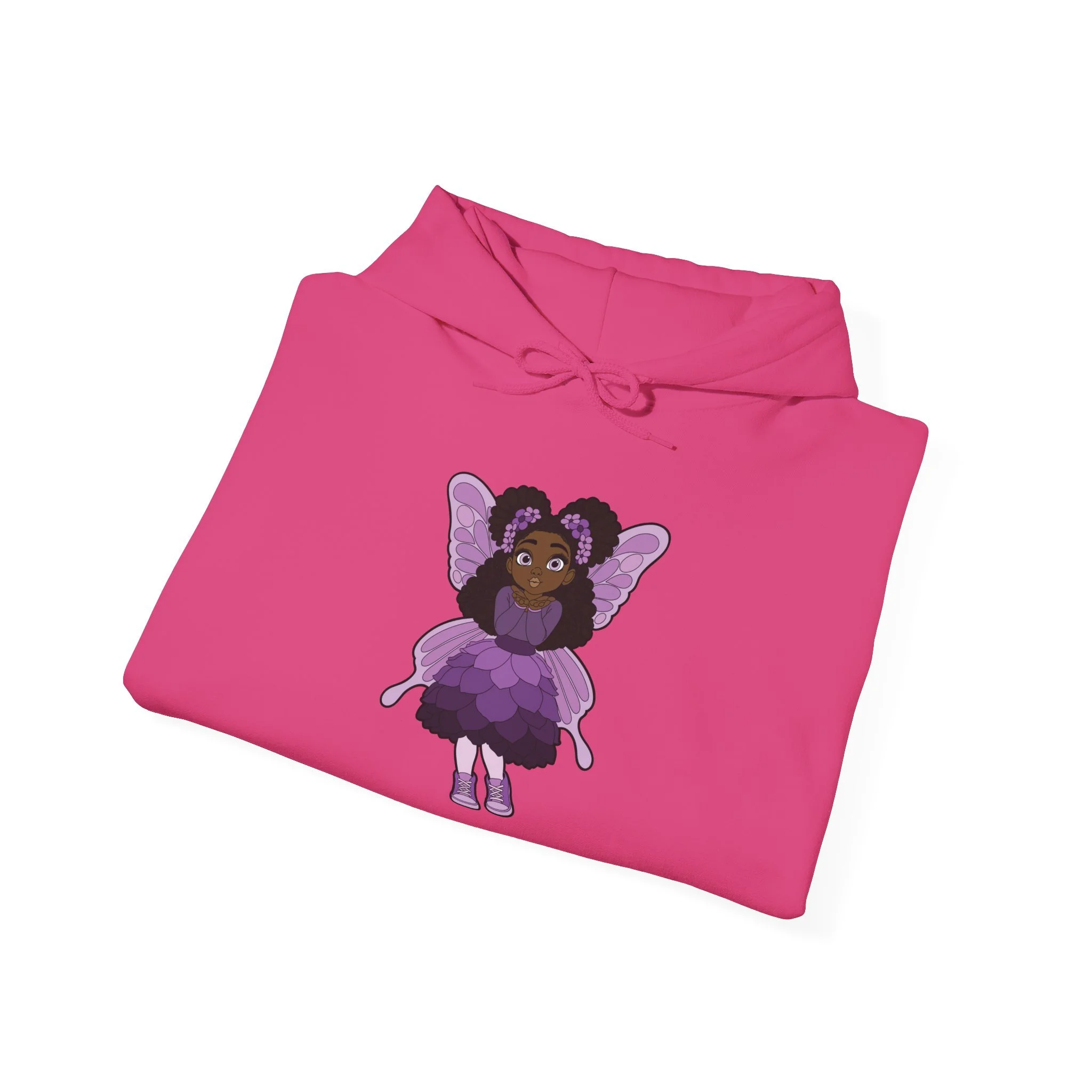 Amber Amazingpuff Women’s Hoodie Sweatshirt by COCO PIXIES featuring a whimsical Black pixie with natural afro puffs, purple wings, and a layered purple dress printed on a soft adult pullover hoodie.